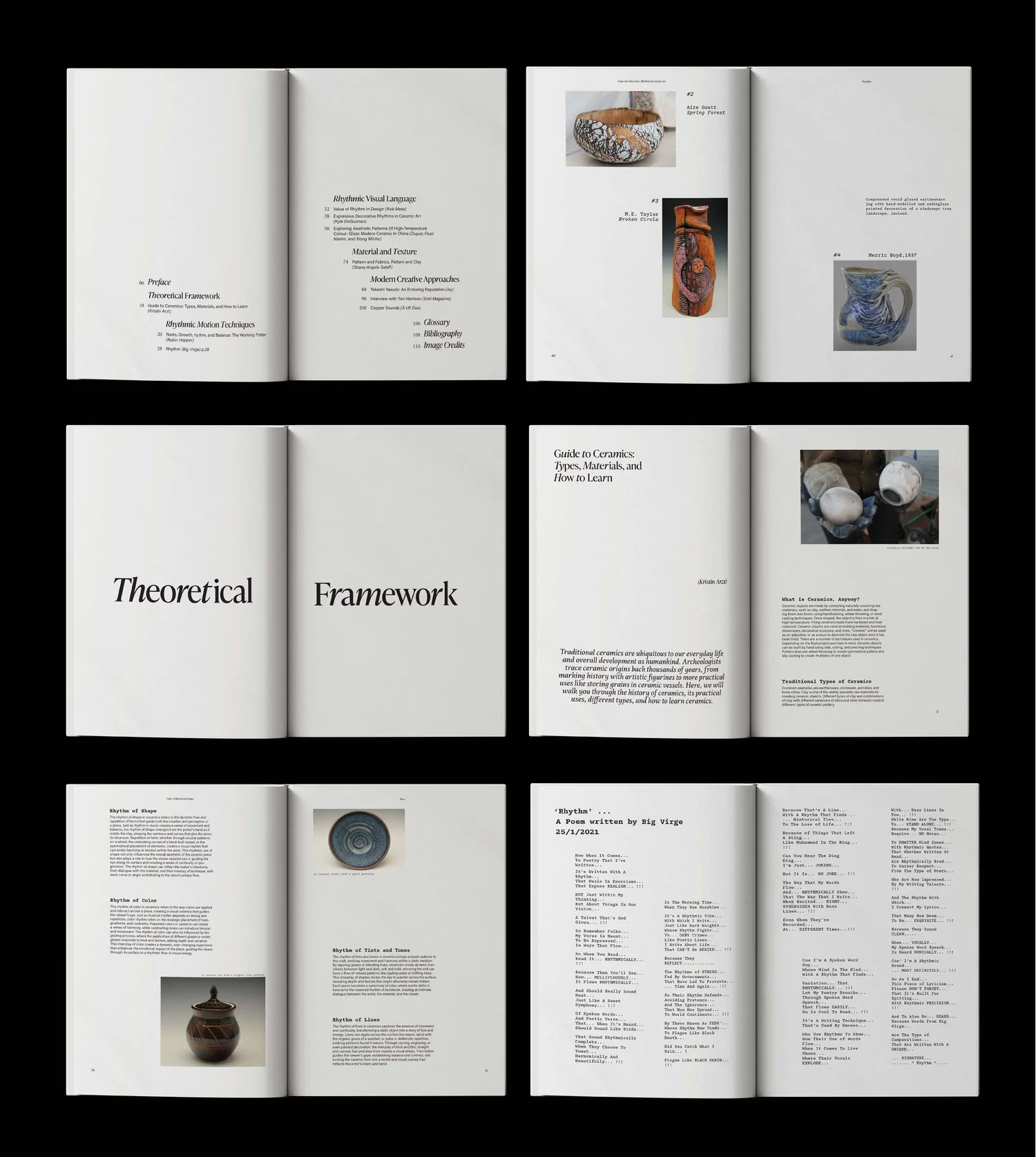 This image shows book spreads that I designer for my publication, The Rhythm of Making: Exploring Art and Motion in Clay which investigates the rhythmic processes of working with clay. This book uses italics in titles and layouts that balance text and imagery to create visual pauses, rhythm, and a tempo across each spread, reflecting the ceramic-making process.