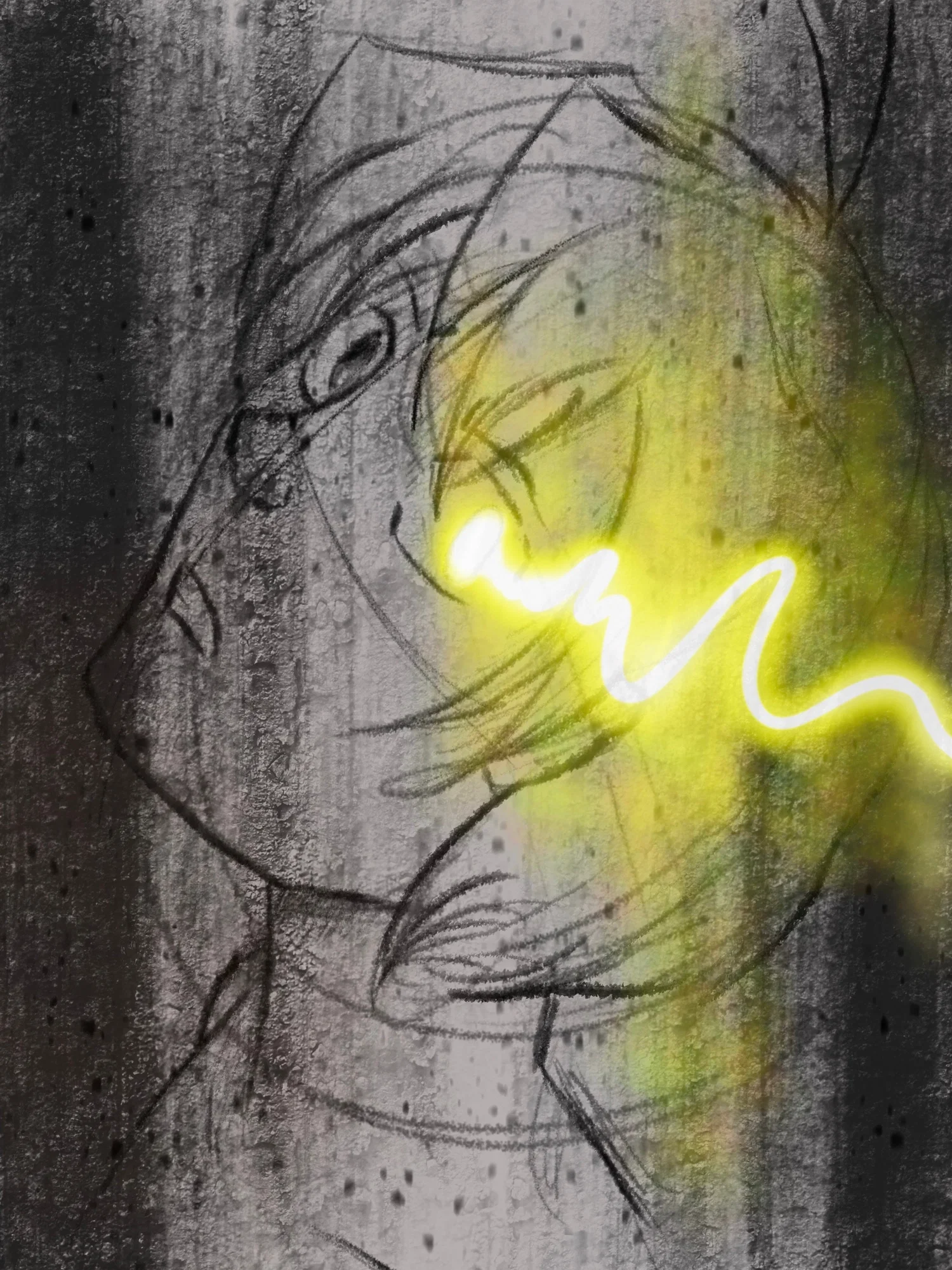 An illustration of an original character of Gabriela's design, with fantasy elements capping off an air of mystery. The character stares at the screen, one of their eyes glowing yellow over swirling flecks of darkness.