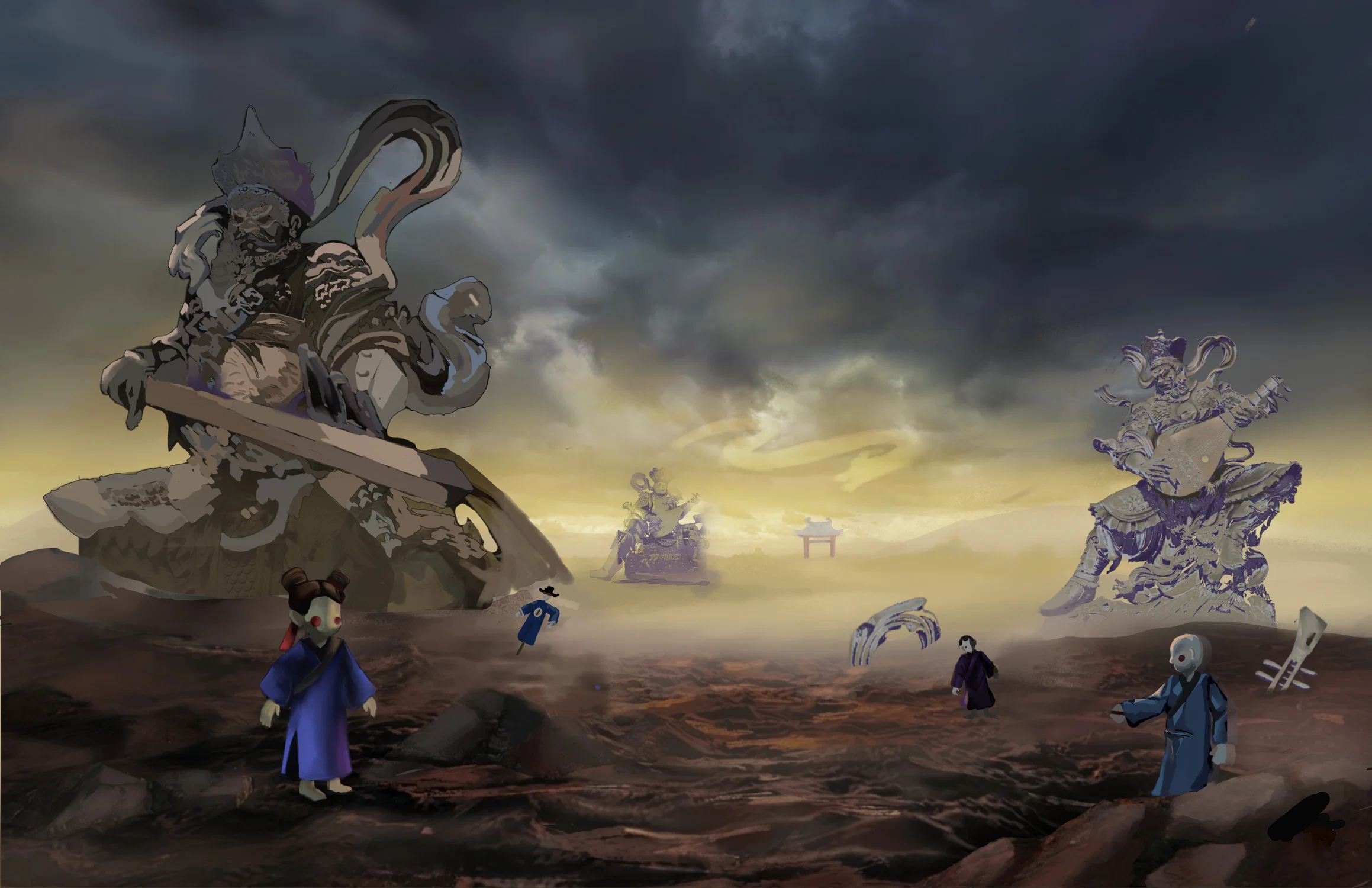 A silent battlefield with shattered Four Heavenly Kings statues, where paper puppets are scattered across the sand.