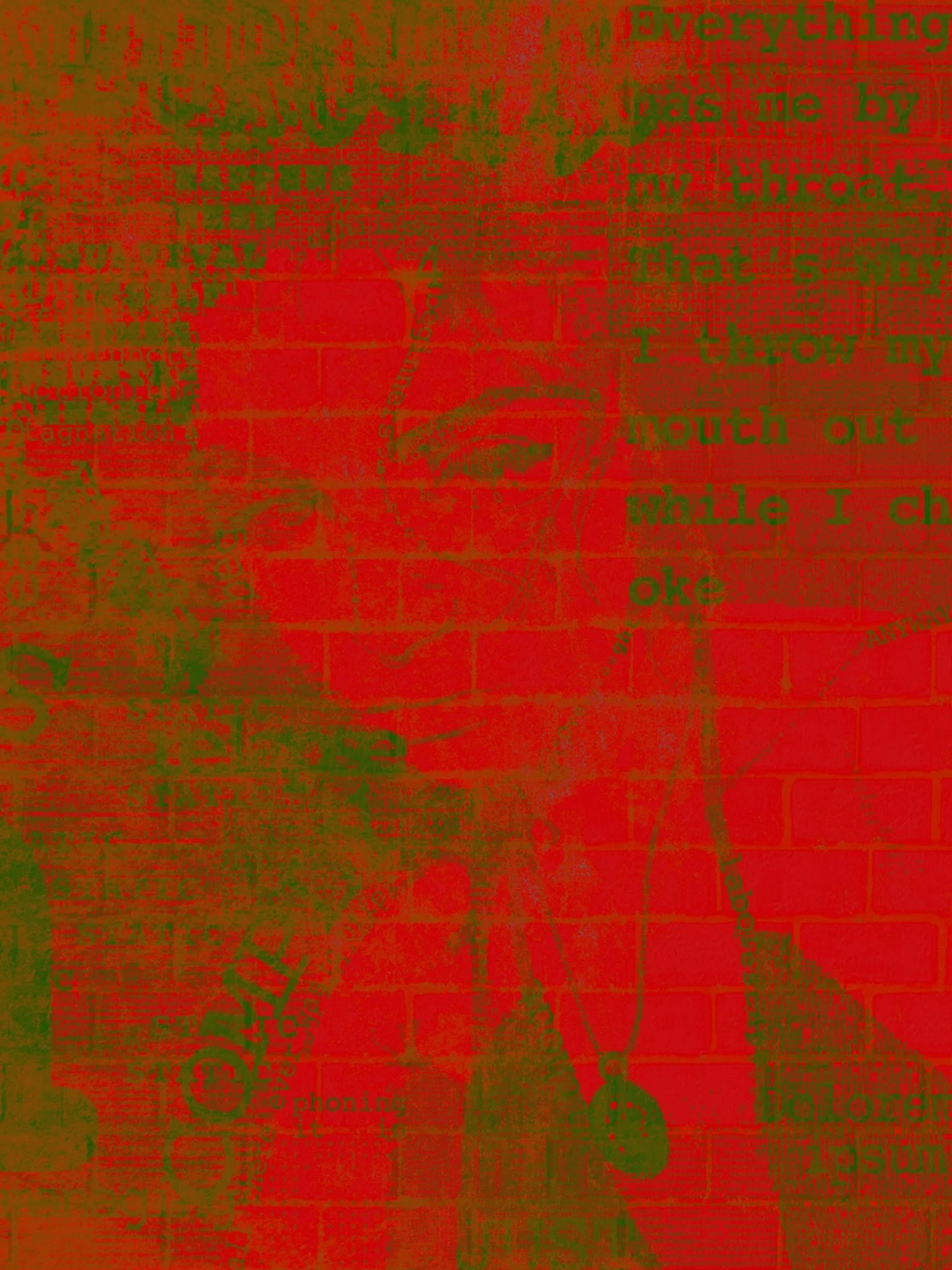 Green overlapping text in varying sizes and densities forms a fragmented portrait against a bold red brick background.