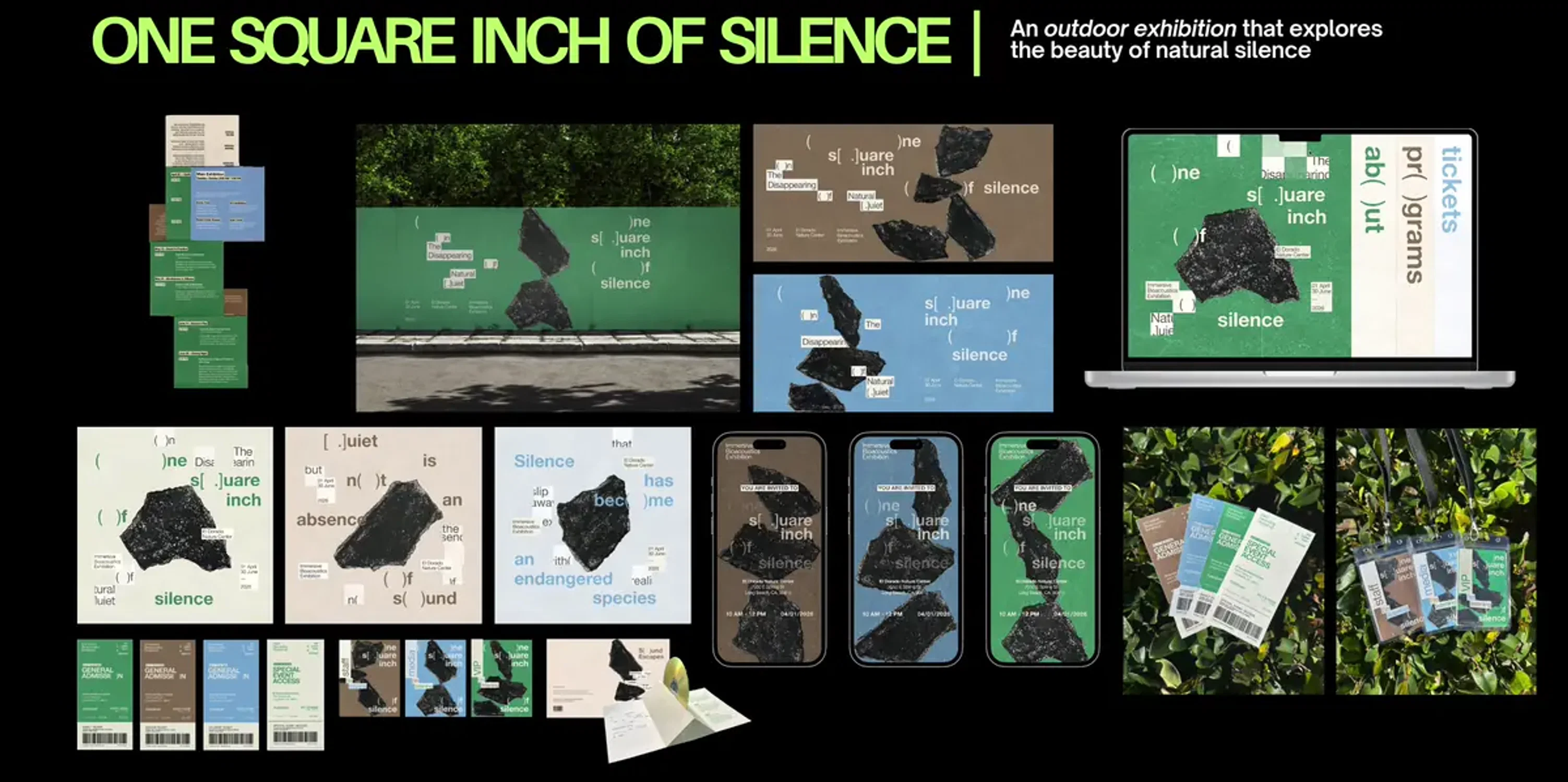 An outdoor exhibition branding that explores the beauty of natural silence in a world drowning in noise pollution
