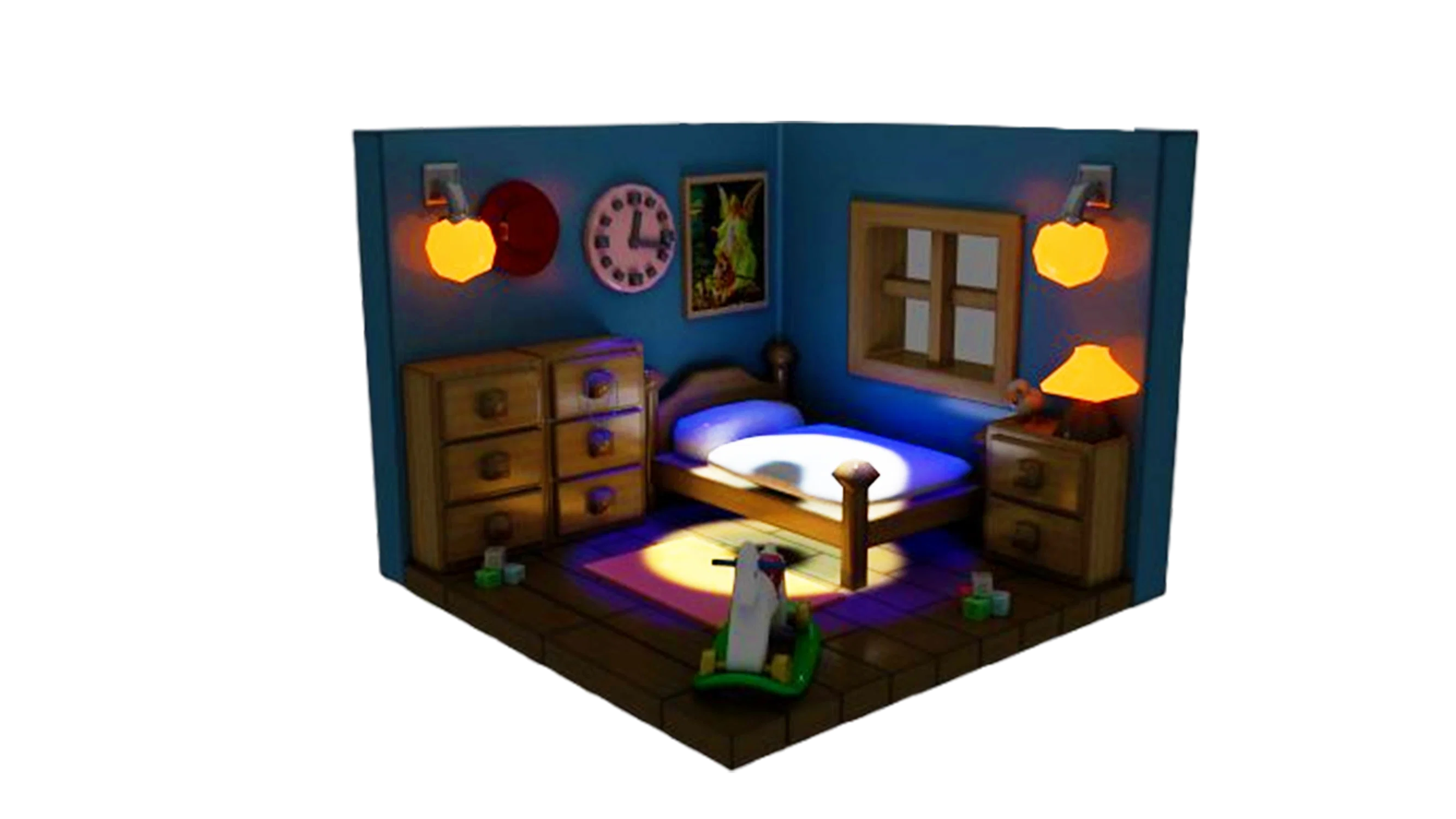 A stylized 3D child’s bedroom with blue walls and warm wooden furniture, including a bed, dressers, and a nightstand. Soft orange lamps light the room, while a bright blue and white glow of an evil eye shines onto a pink rug in the center, creating a strong focal point. Toys like blocks and a rocking horse are scattered on the floor. Above the bed, a framed image of an angel hangs next to a pink clock and a red string bracelet, and a rosary is draped over one of the dresser drawers.   The glowing center of the evil eye is the hunt to hurt the child, with the room’s personal items—such as the angel imagery and jewelry—symbolizing a barrier that keeps unseen harmful forces away from the child.