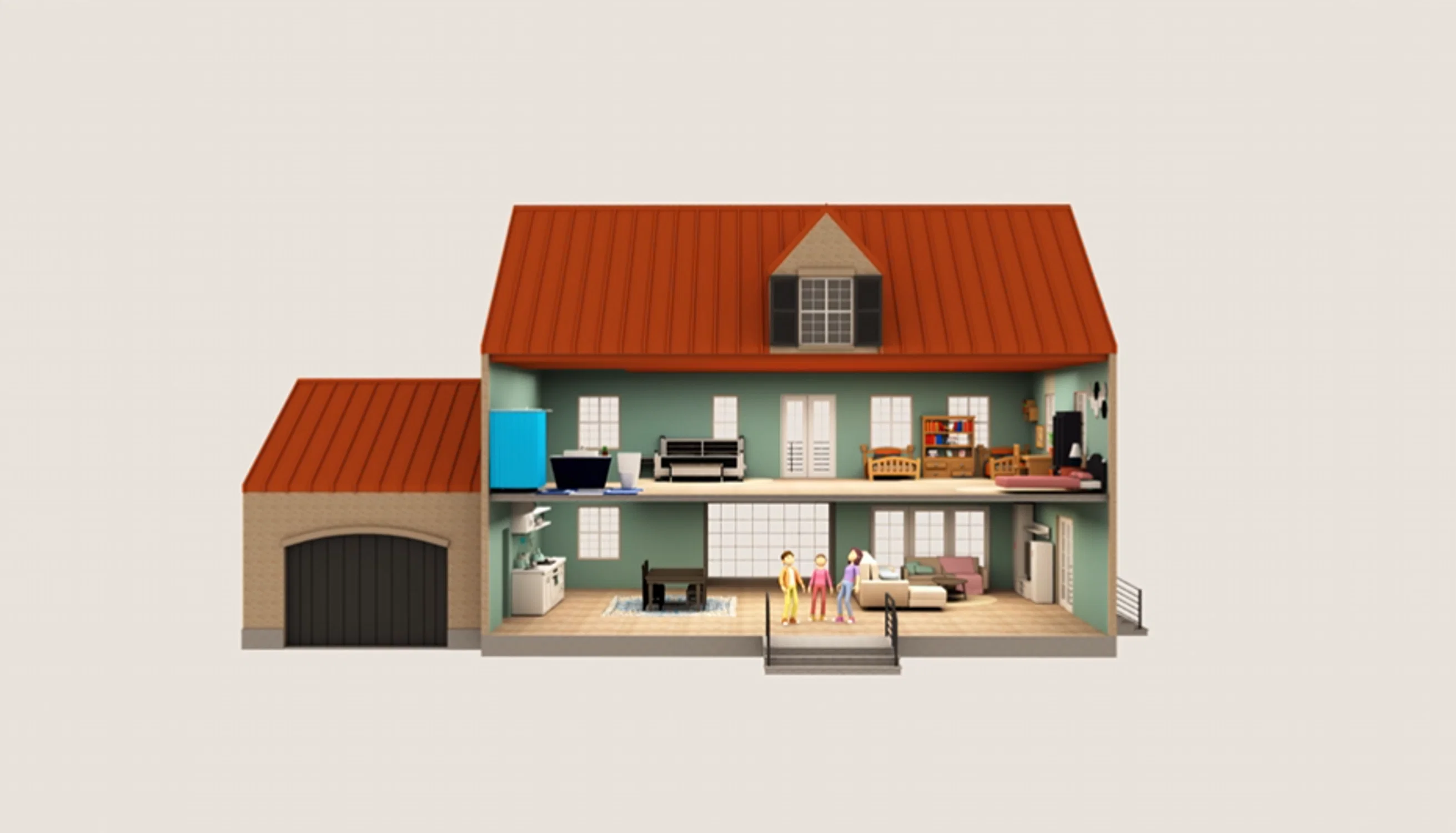 A cutaway view of a cozy two-story house with a red roof reveals several rooms filled with everyday furniture. Inside, small groups of people stand in different spaces, suggesting different uses of the home. The image conveys an Airbnb-inspired idea: every stay has a story—families, friends, or couples—each creating their own unique memories within the same shared space.