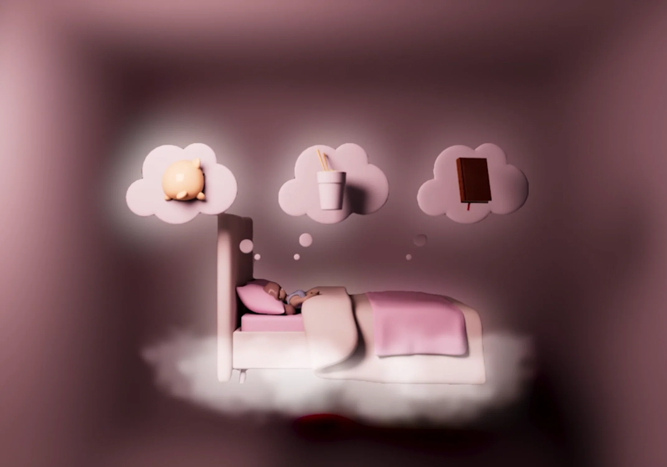 A girl lies asleep in bed, surrounded by a soft pink, dreamlike space. The scene begins with gentle, comforting dreams, shown through light and pleasant images of things she enjoys, creating a warm and safe feeling around her. As the dream shifts, the atmosphere slowly darkens and becomes more hazy. The thought bubbles change to things she dislikes, and the mood turns uneasy, ending in a sense of discomfort that reflects her transition from peaceful dreams into nightmares..