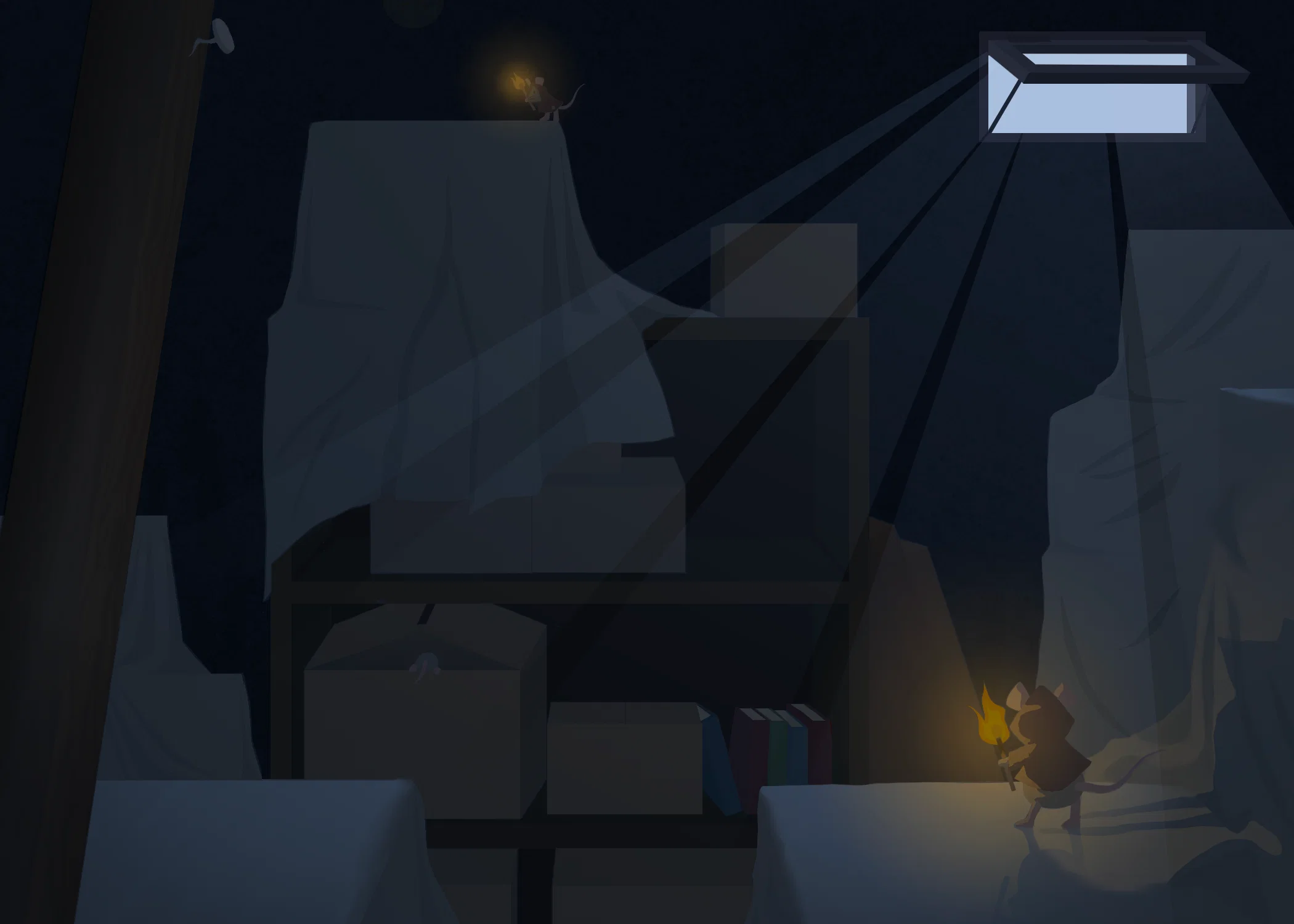 Mice with touches exploring a dark old basement in the night