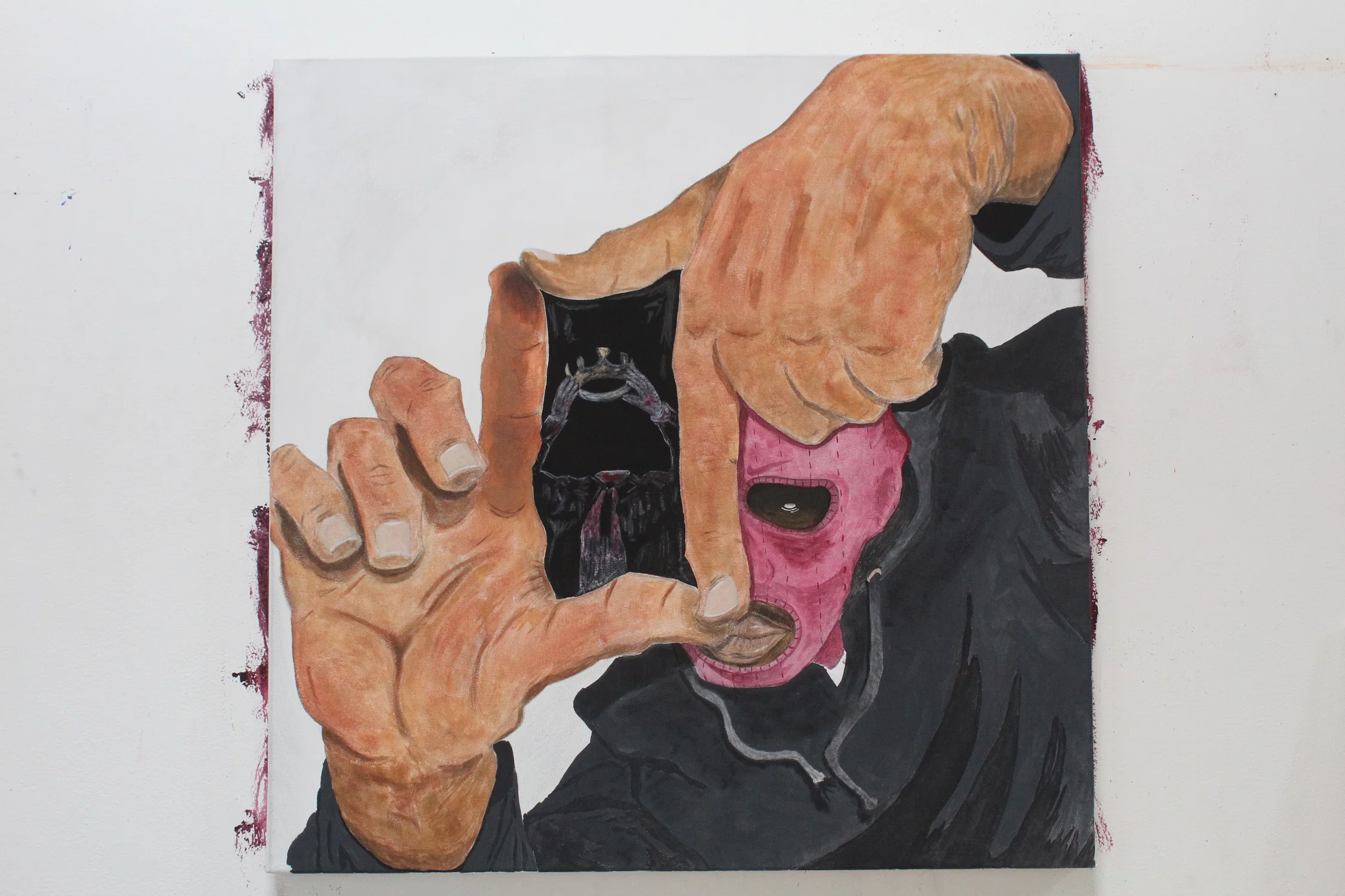 A close-up painting shows two large, realistic hands pulling open part of a person’s chest like a flap.