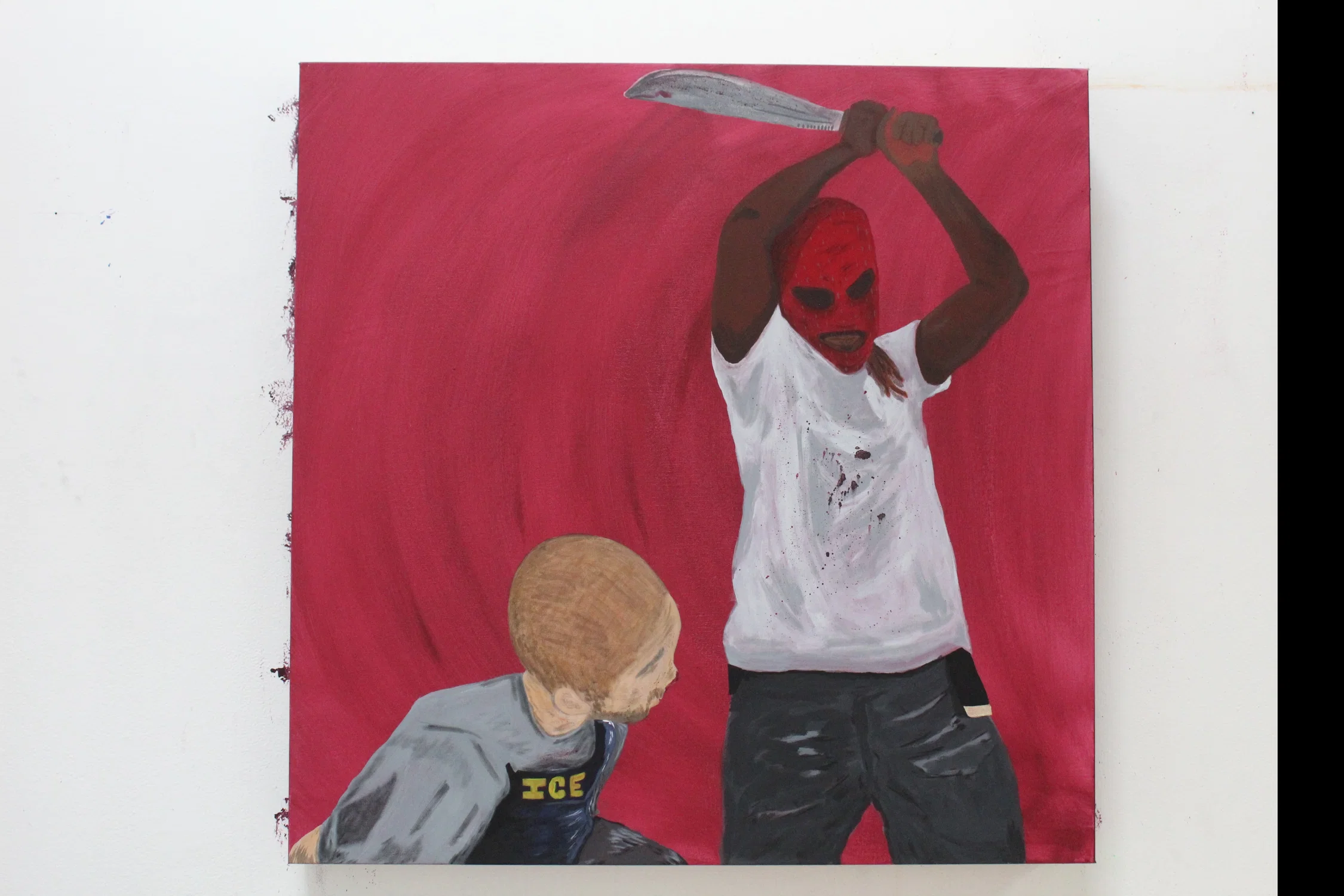 A painting that shows an masked individual, with both arms raised above his head holding a machete. He is standing behind an injured ICE agent, almost towering over him. The agents gaze is fixed onto the masked individual, who is ready to strike him down.