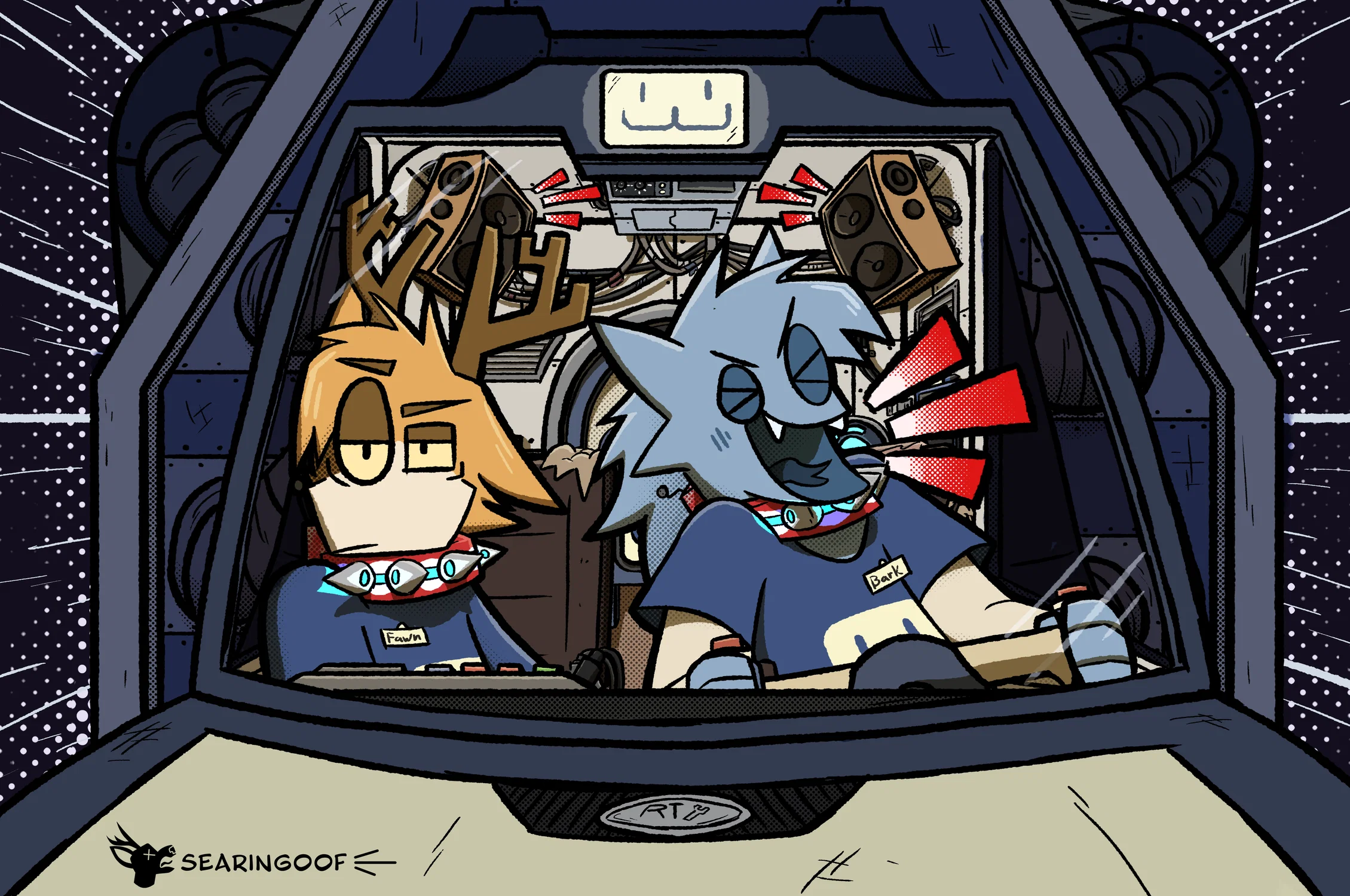 Bark singing his heart out while piloting the space shit as Fawn leans up against the passenger side door annoyed