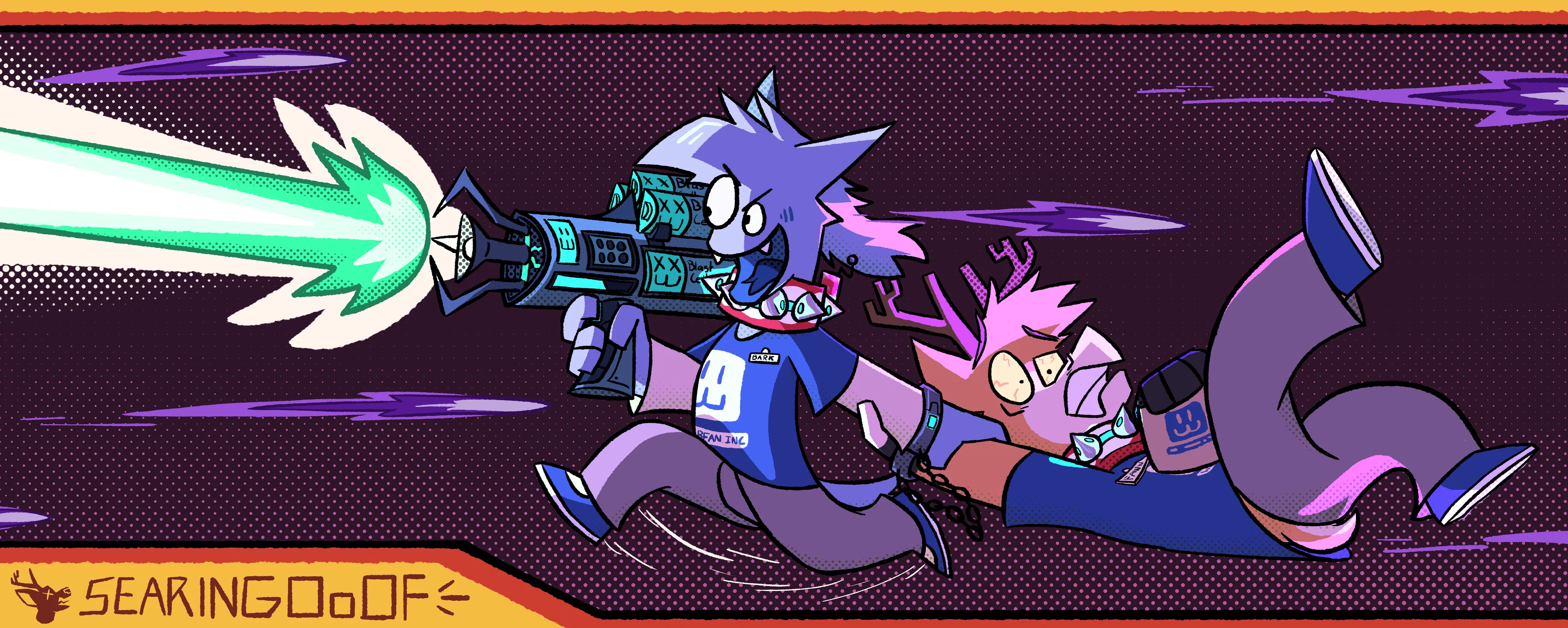 Bark charges into danger with a laser cannon in hand while Fawn clutches onto a package, handcuffed to Bark and being dragged along