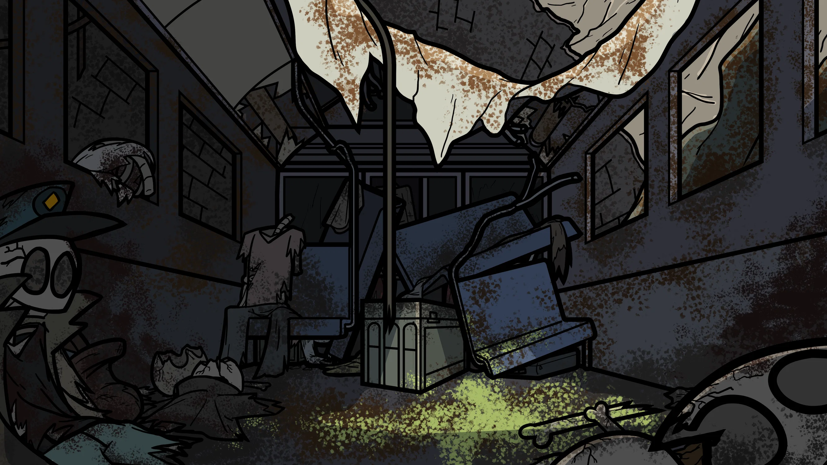 The interior of a run down, subway, railcar with the roof ripped open and skeleton littering the interior.