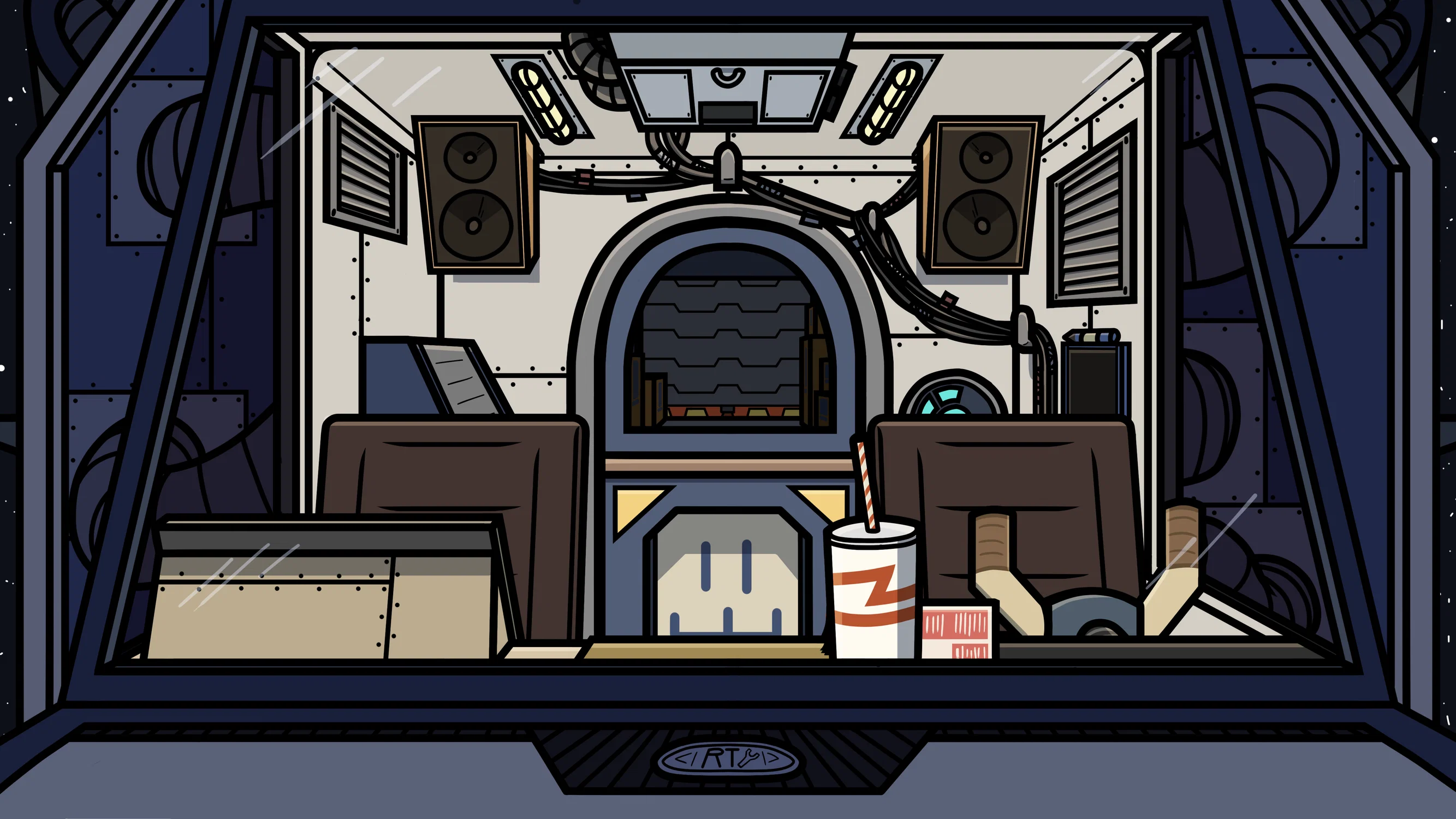 Outside look into the interior of a delivery space ship