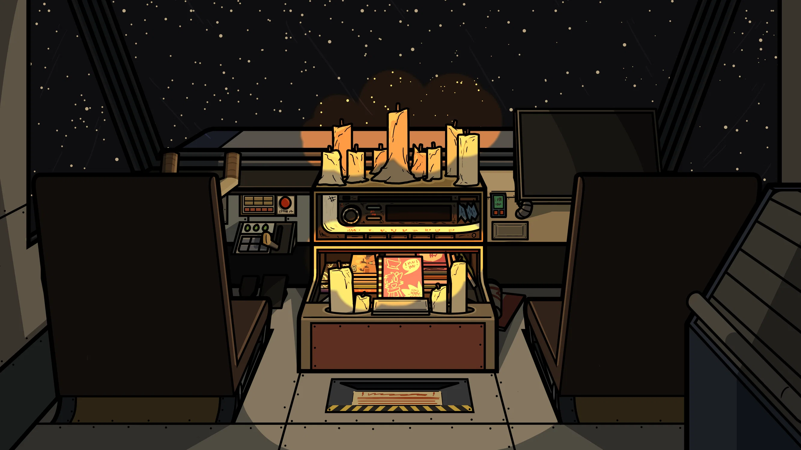 Interior of a delivery spaceship, all with only candles emitting light surround a CD, like an alter