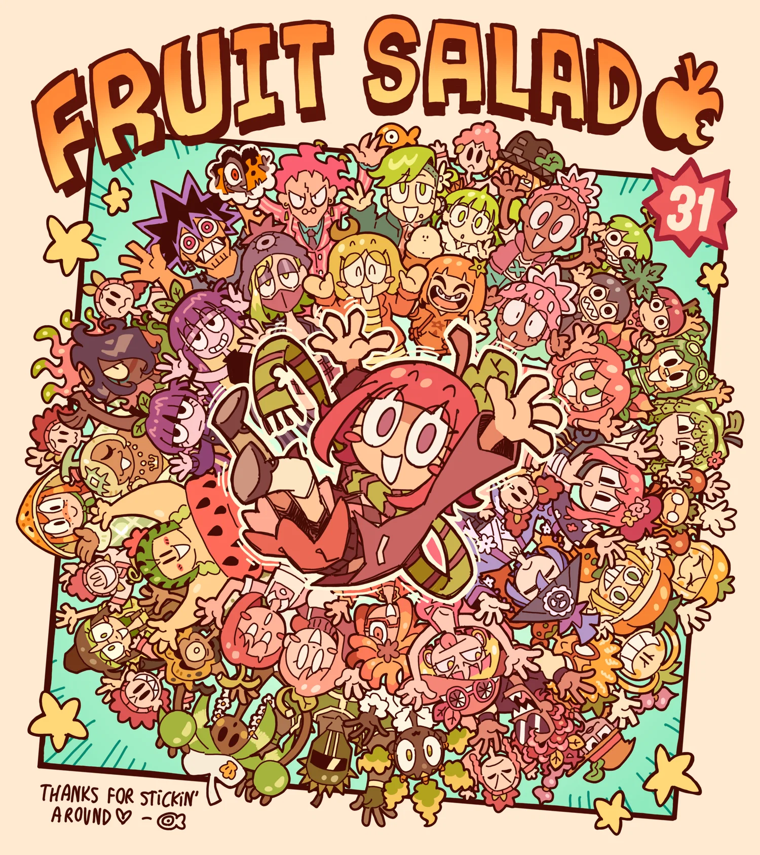An ensemble illustration of my many fruit-based characters, with the main character, Applesauce, popping out in the center.