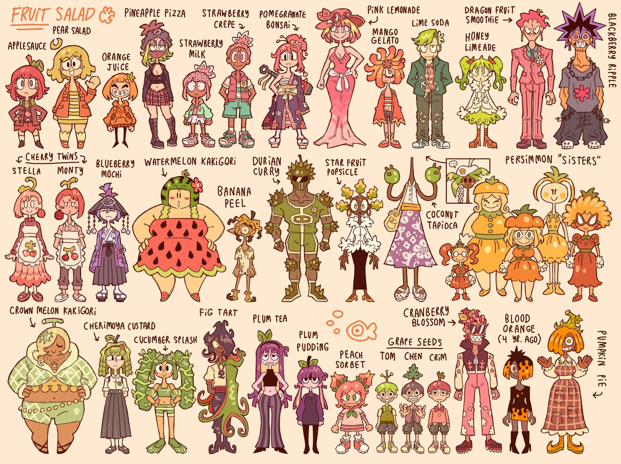 A lineup of many fruit-themed characters!