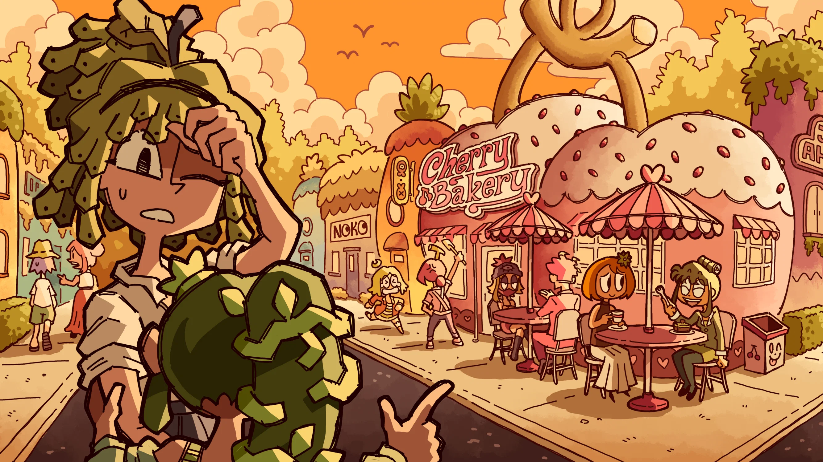 An exterior shot of Honeypluck Town during the daytime.