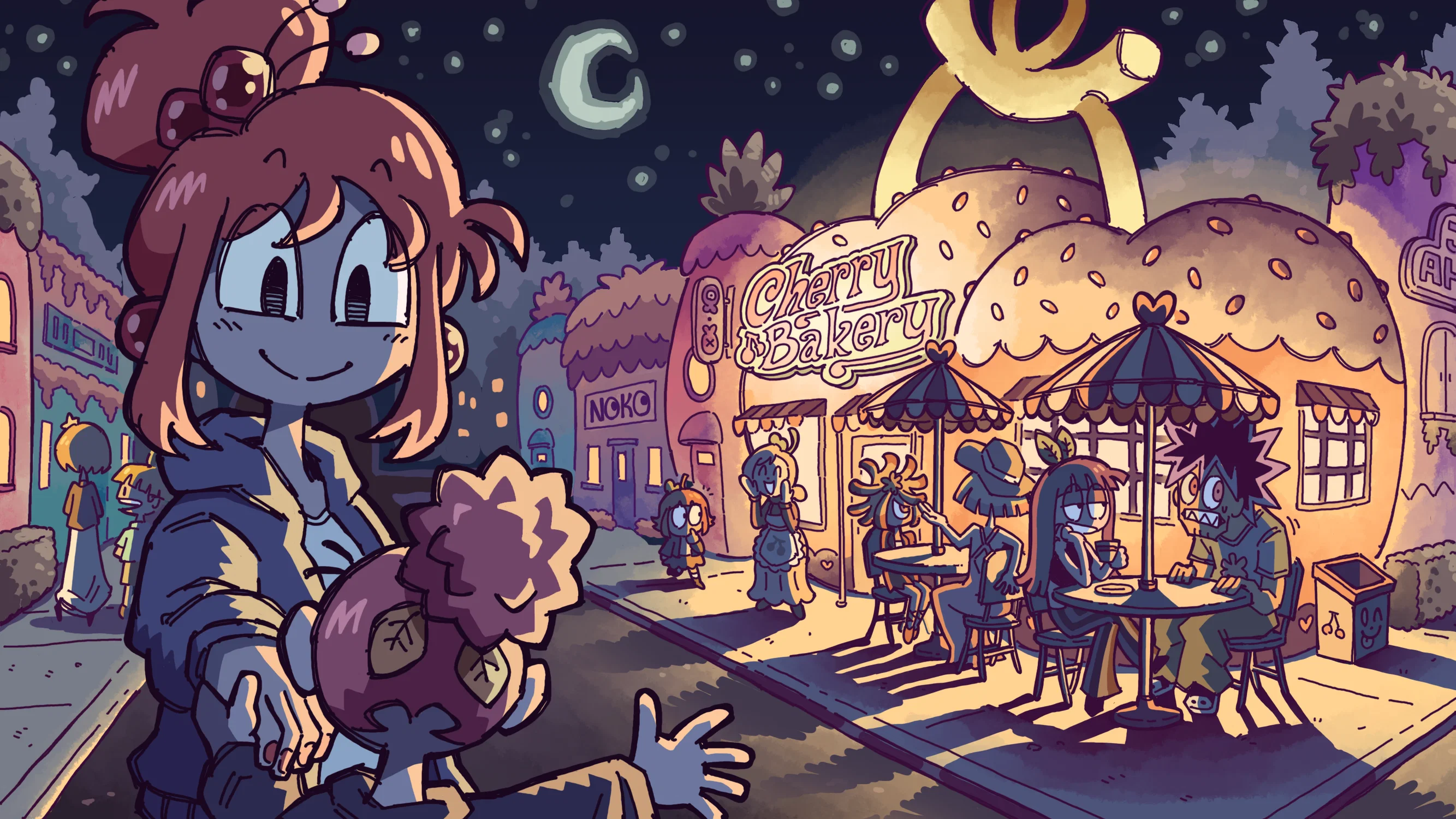 An exterior shot of Honeypluck Town during the nighttime.