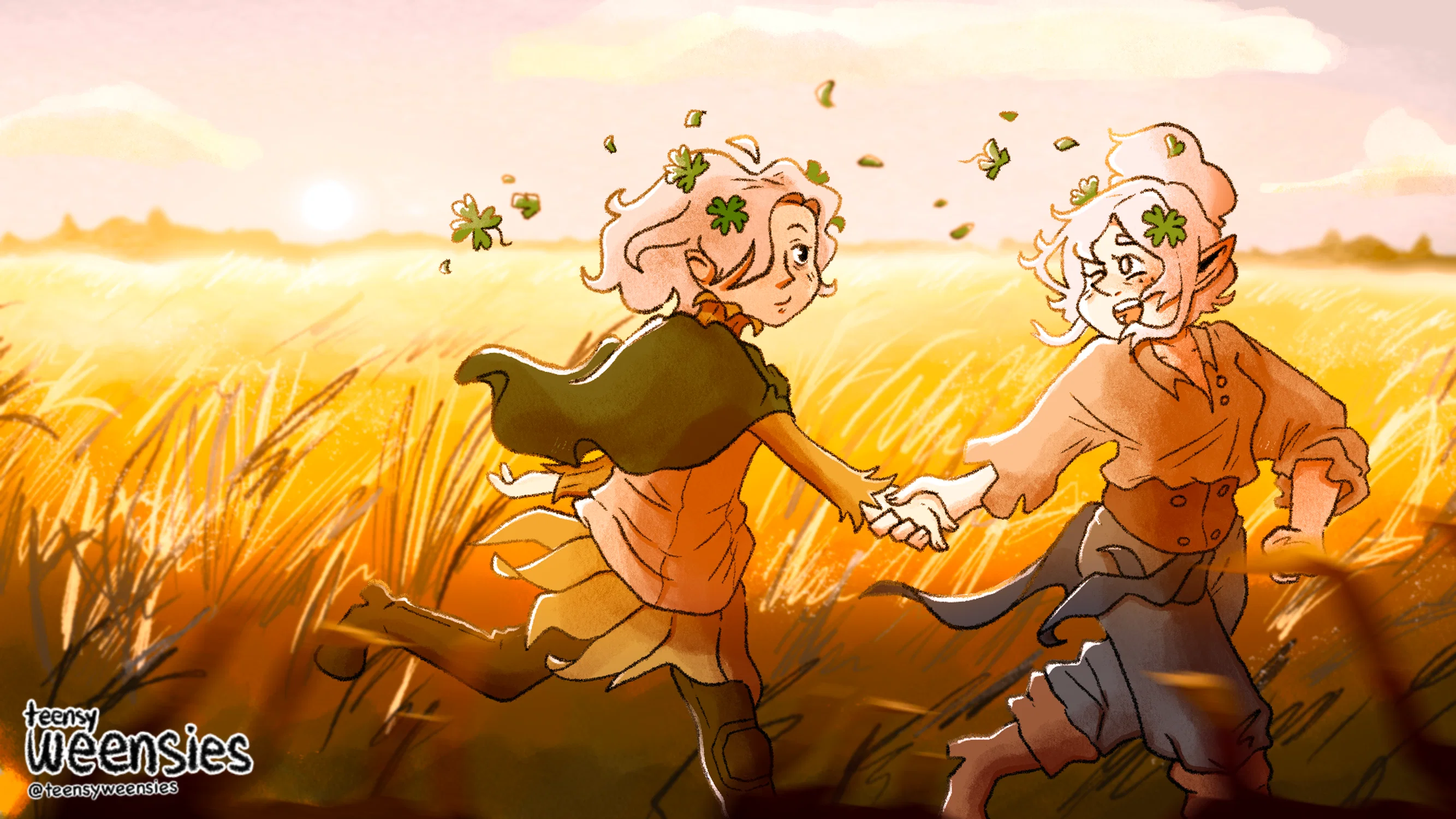 an original character, Ellis, frolics in a field with Mithrun (from Delicious in Dungeon) as the sun sets behind them