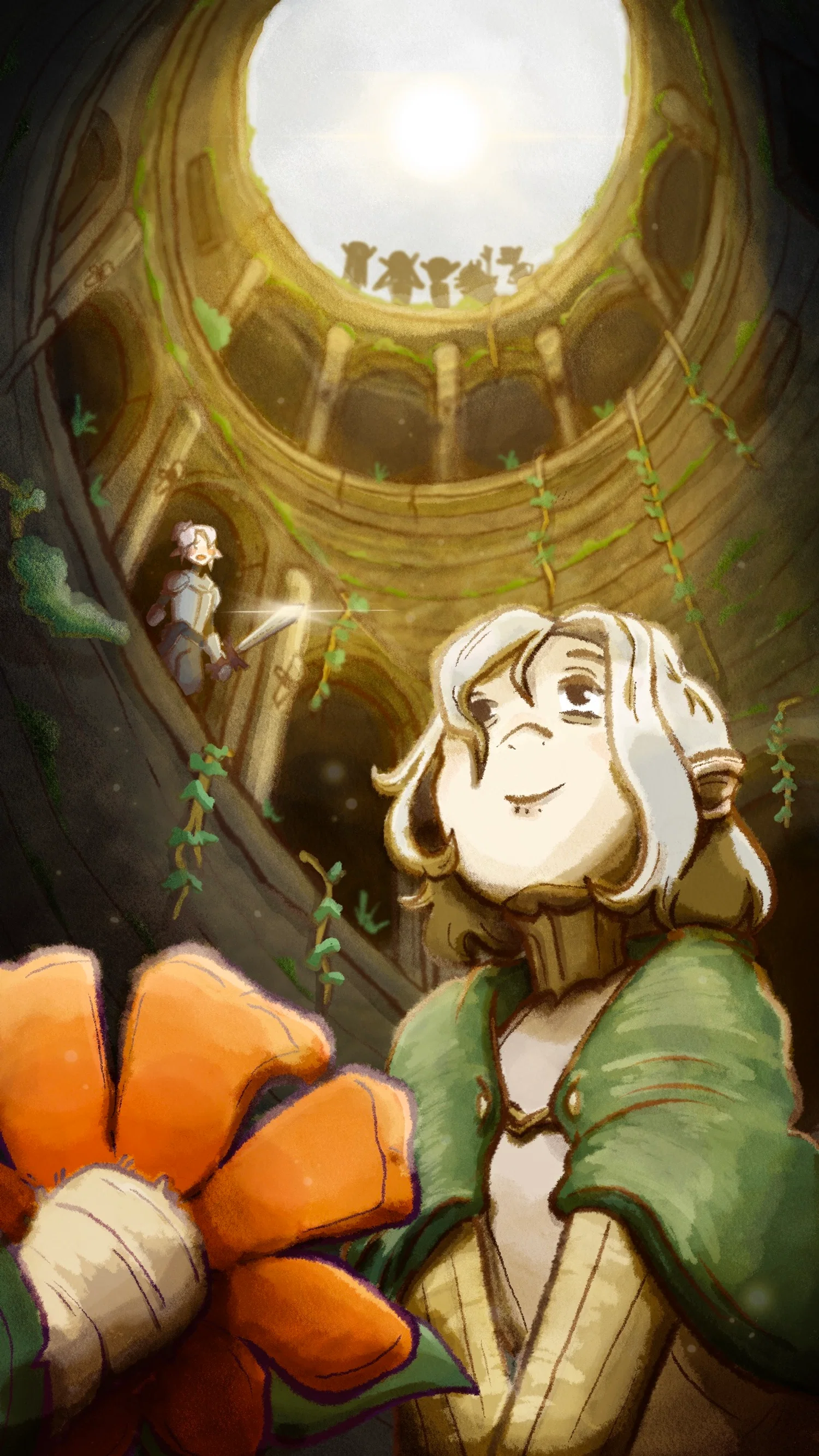 inside the dungeon, ellis and mithrun look up to see their group, the Canaries, waiting for them