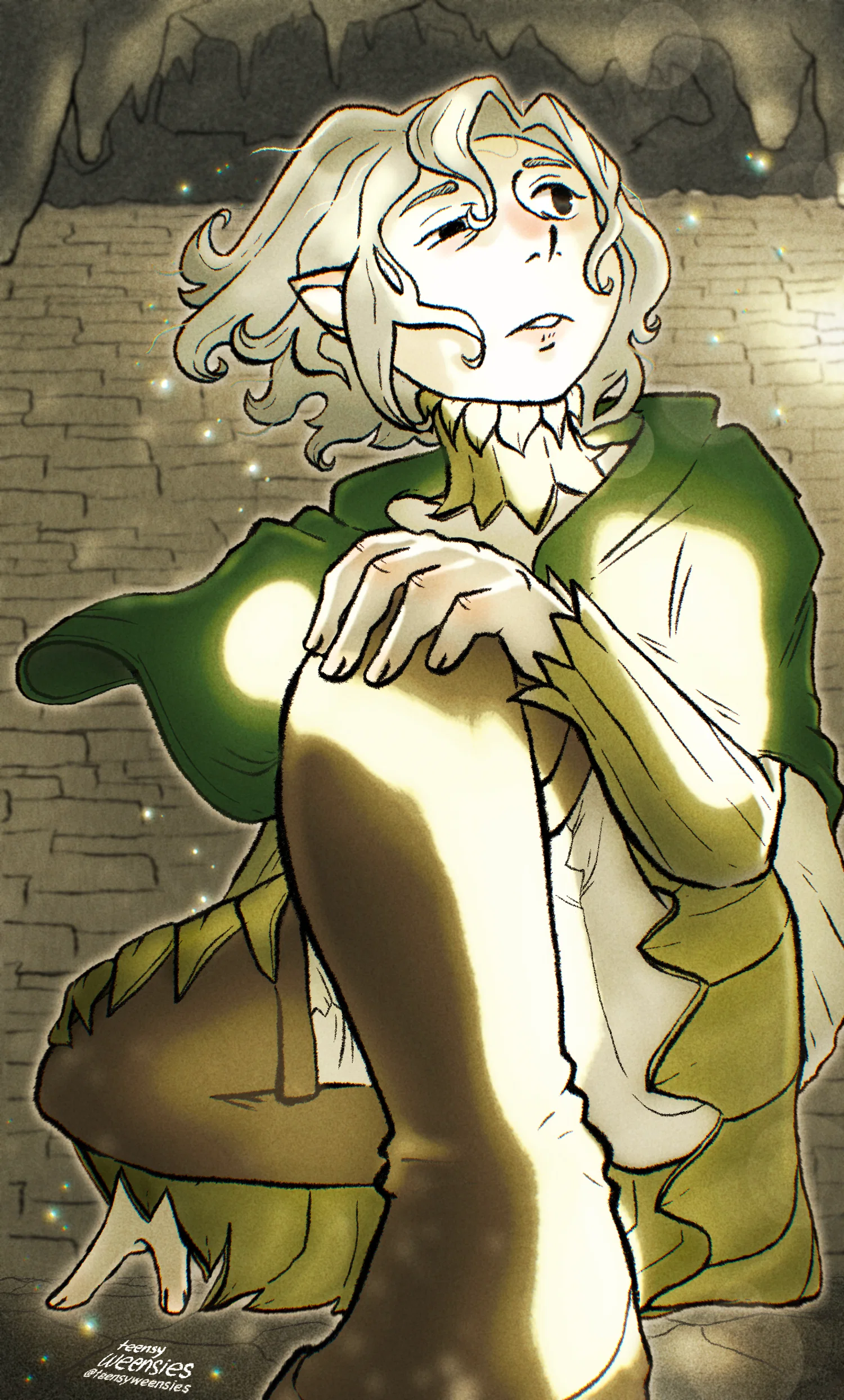 portrait of mithrun from dungeon meshi looking up after landing on the stone floor of the dungeon