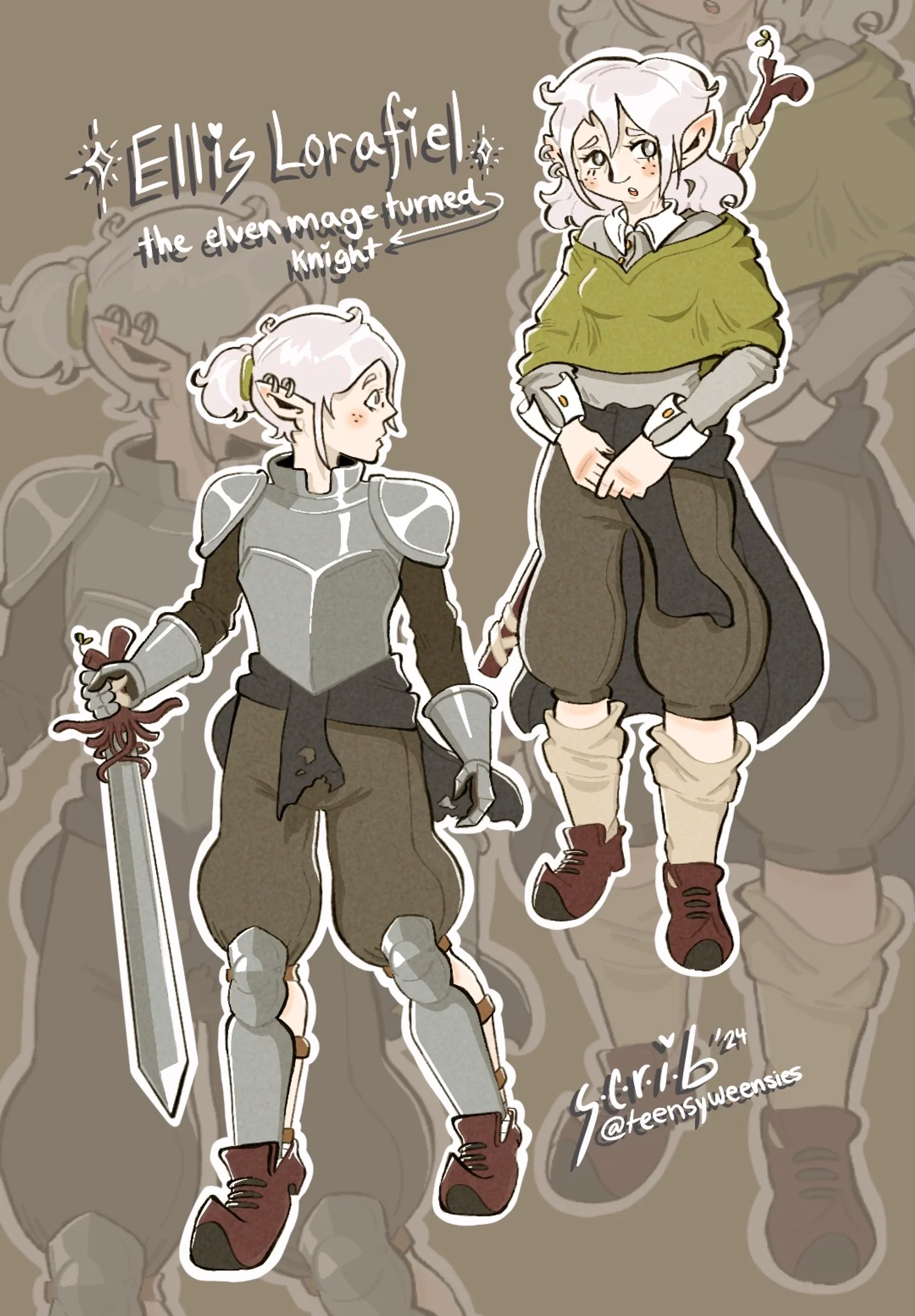 side by side illustration of ellis lorafiel, before and after she became a knight