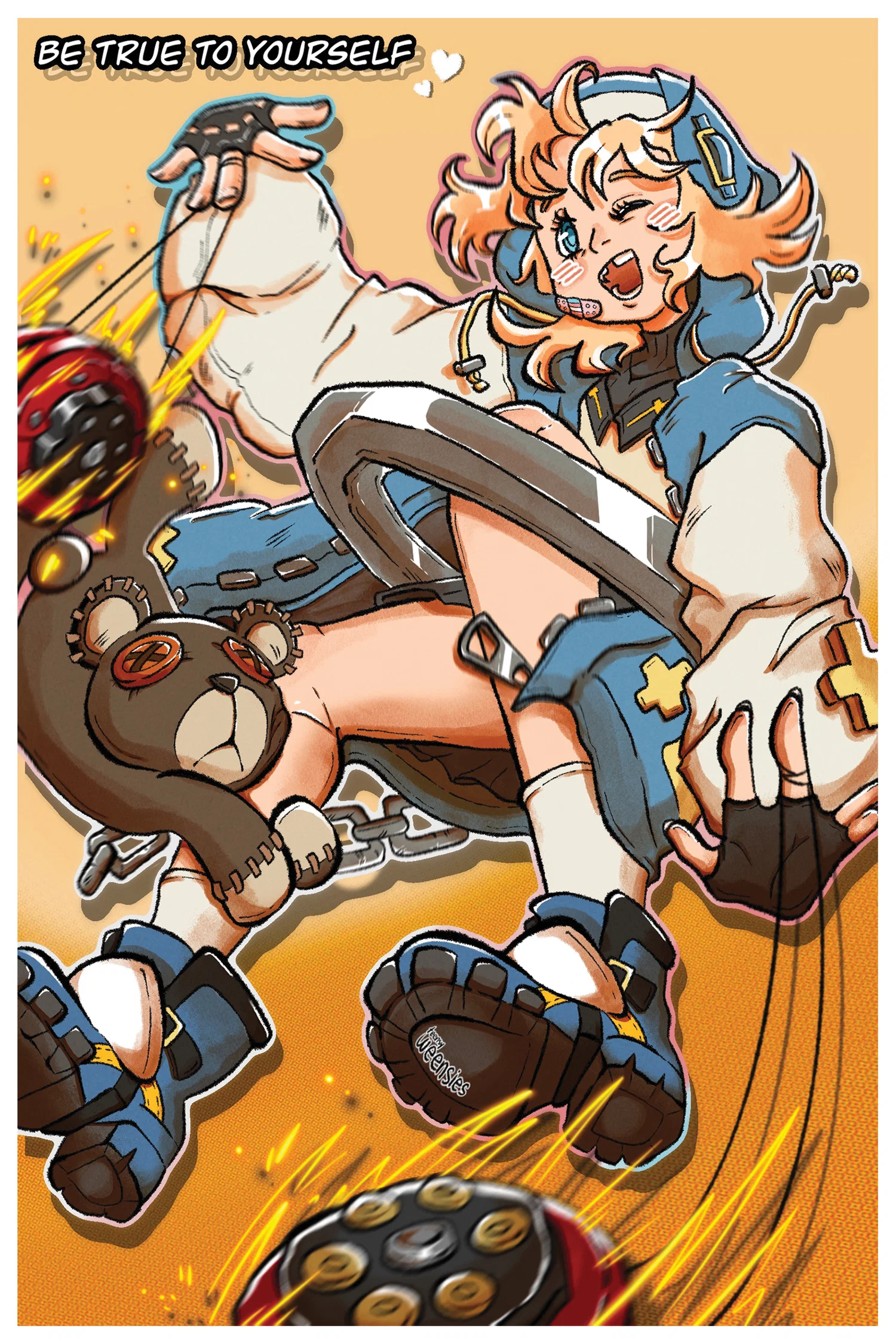 motivational poster that says "Be true to yourself" showing Bridget from guilty gear, happily jumping mid-air with Roger.