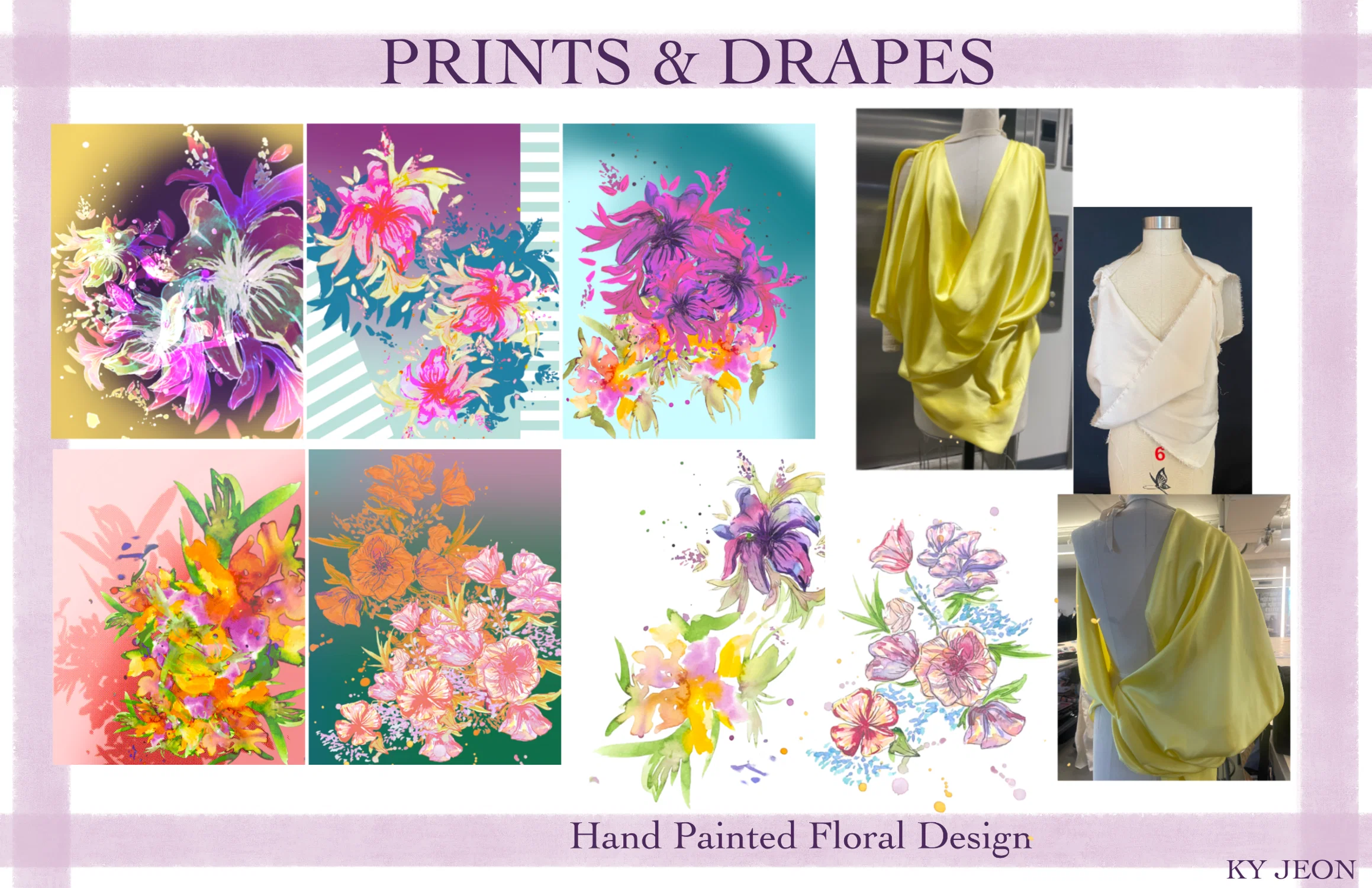 A page dedicated to hand painted floral designs, digital floral prints, and drapes for my senior mentorship project with David Meister.