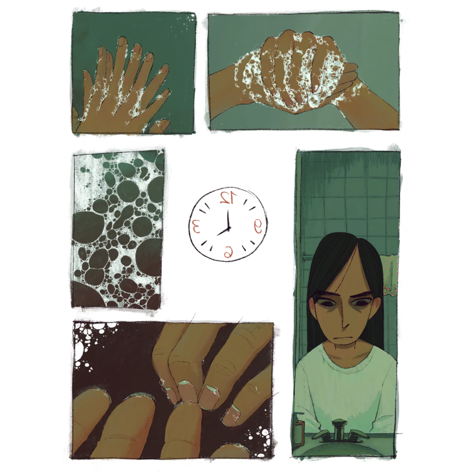 An illustrated comic consisting of 5 panels in a cycle. In the middle is a clock, with the numbers mirrored. Top left: Closeup of hands washing between fingers. Top right: Closer-up of handwashing, in different position. Bottom right: Girl with sullen expression in front of a sink shown through an implied mirror reflection, dim light and green bathroom in the background. Bottom left: Closest-up, hand washing under a fingernail and background has turned red. Left middle: Panel is filled with soap bubbles, background gradient between the dim green and blood red.