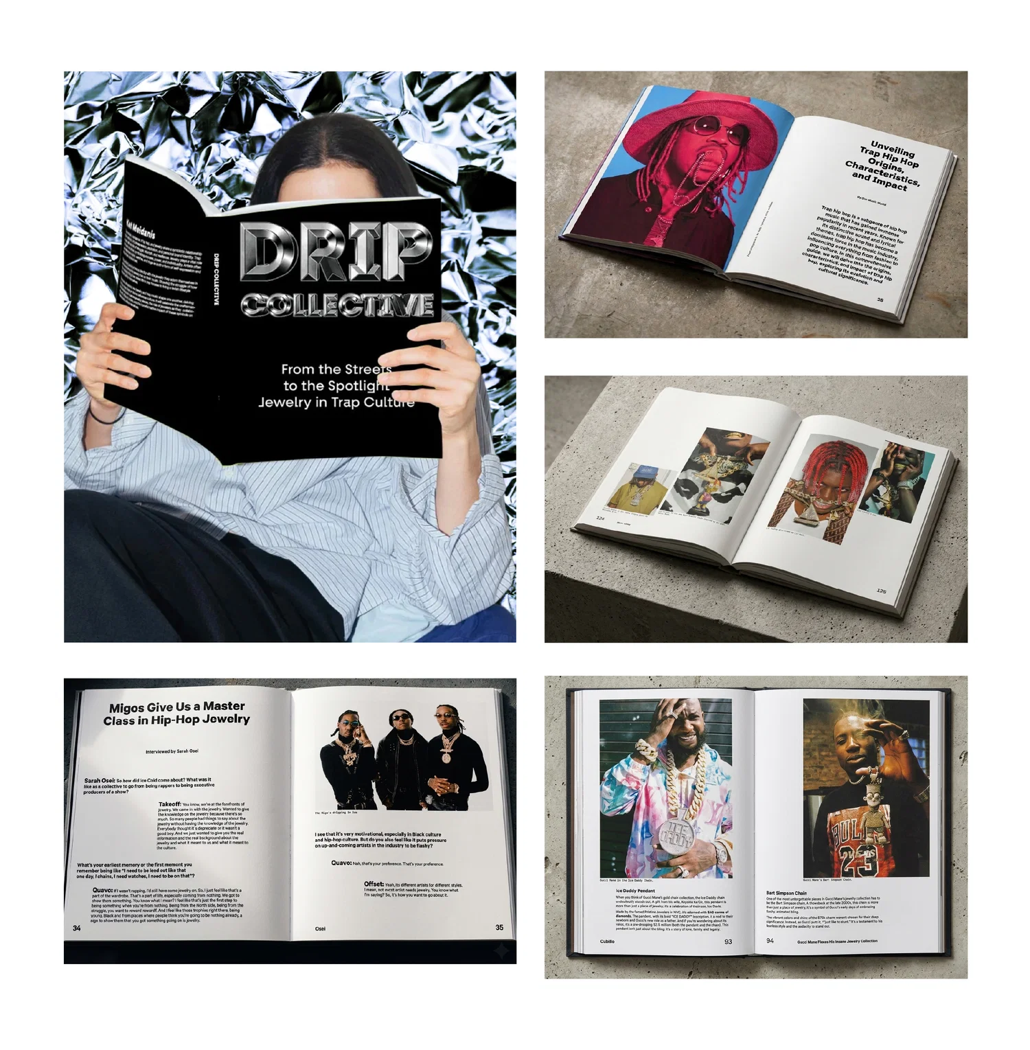 The image is a collage of five photographs showcasing a printed publication titled "DRIP COLLECTIVE: From the Streets to the Spotlight – Jewelry in Trap Culture." The design features high-contrast layouts, bold typography, and a focus on the intersection of hip-hop and luxury.