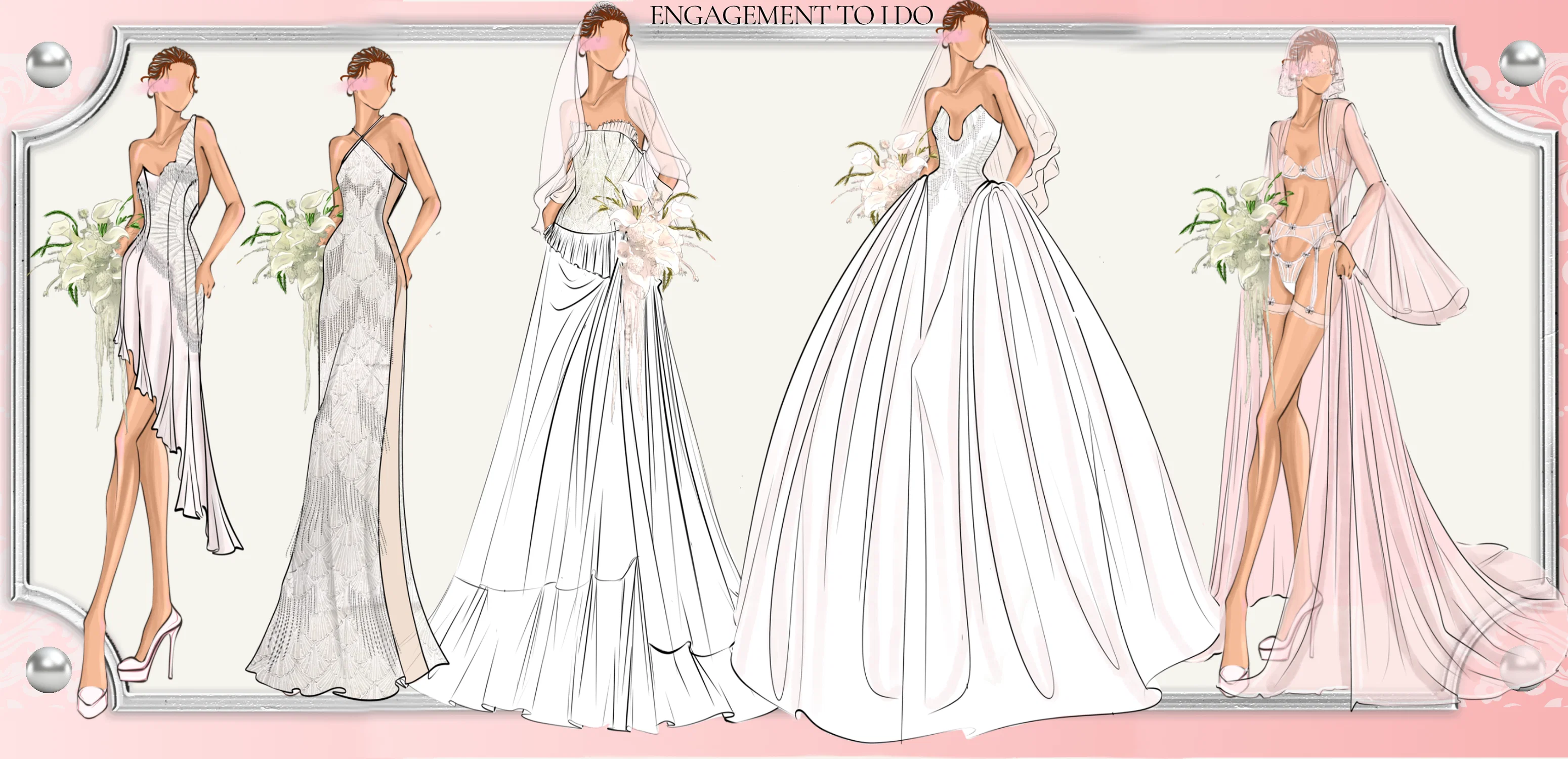 A bridal design group taking you from engagement to I do with two engagement party/ reception dresses, two wedding gowns, and a lingirie ensamble with a large flowing robe.