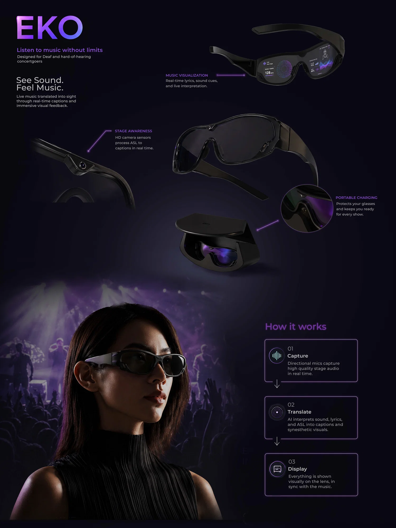 EKO is a pair of smart glasses that translate live music into real-time captions, ASL, and dynamic visual cues, helping Deaf and hard-of-hearing users fully experience concerts through sight.