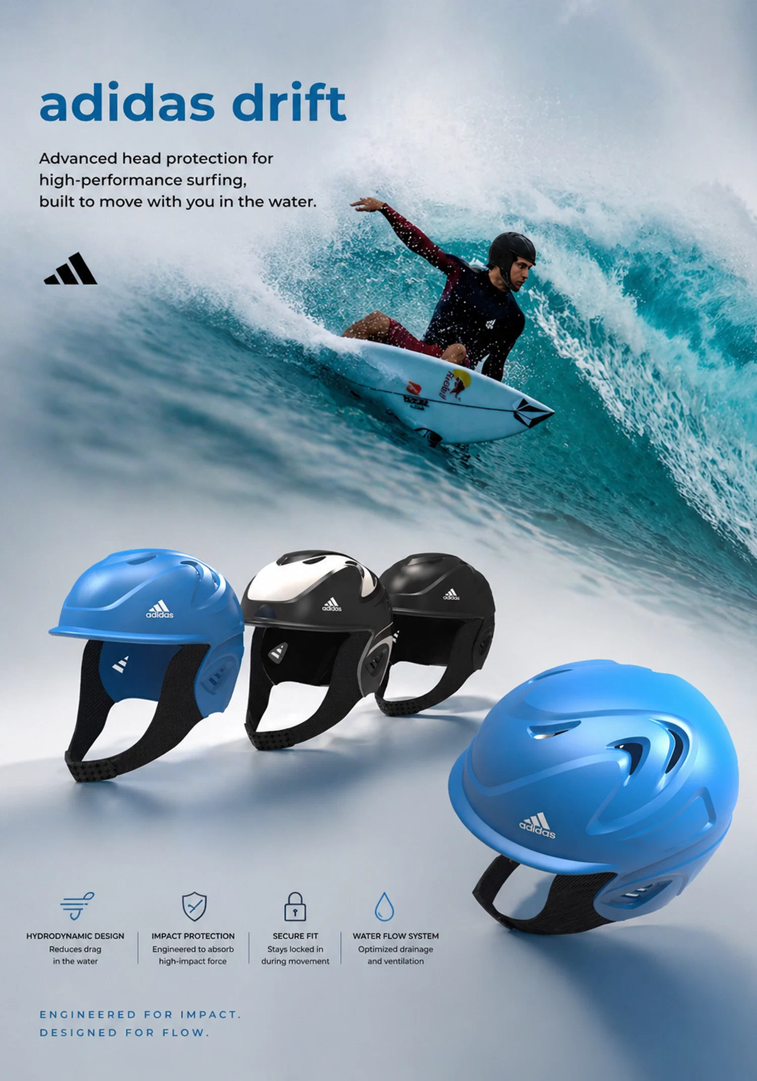 A lightweight surf helmet designed for high performance surfing inspired by the sports brand Adidas.