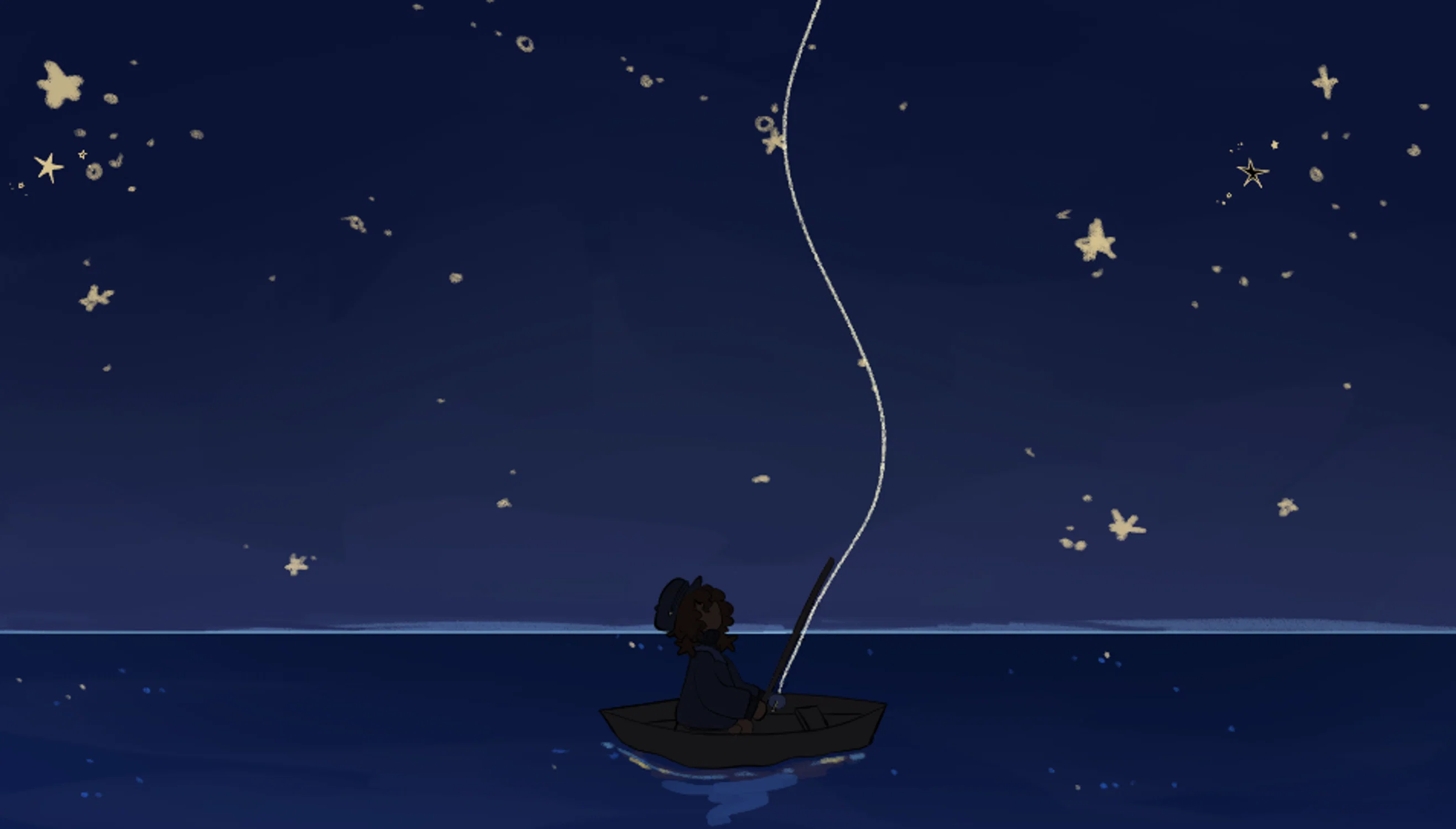 A young girl on a boat, fishing for the stars.