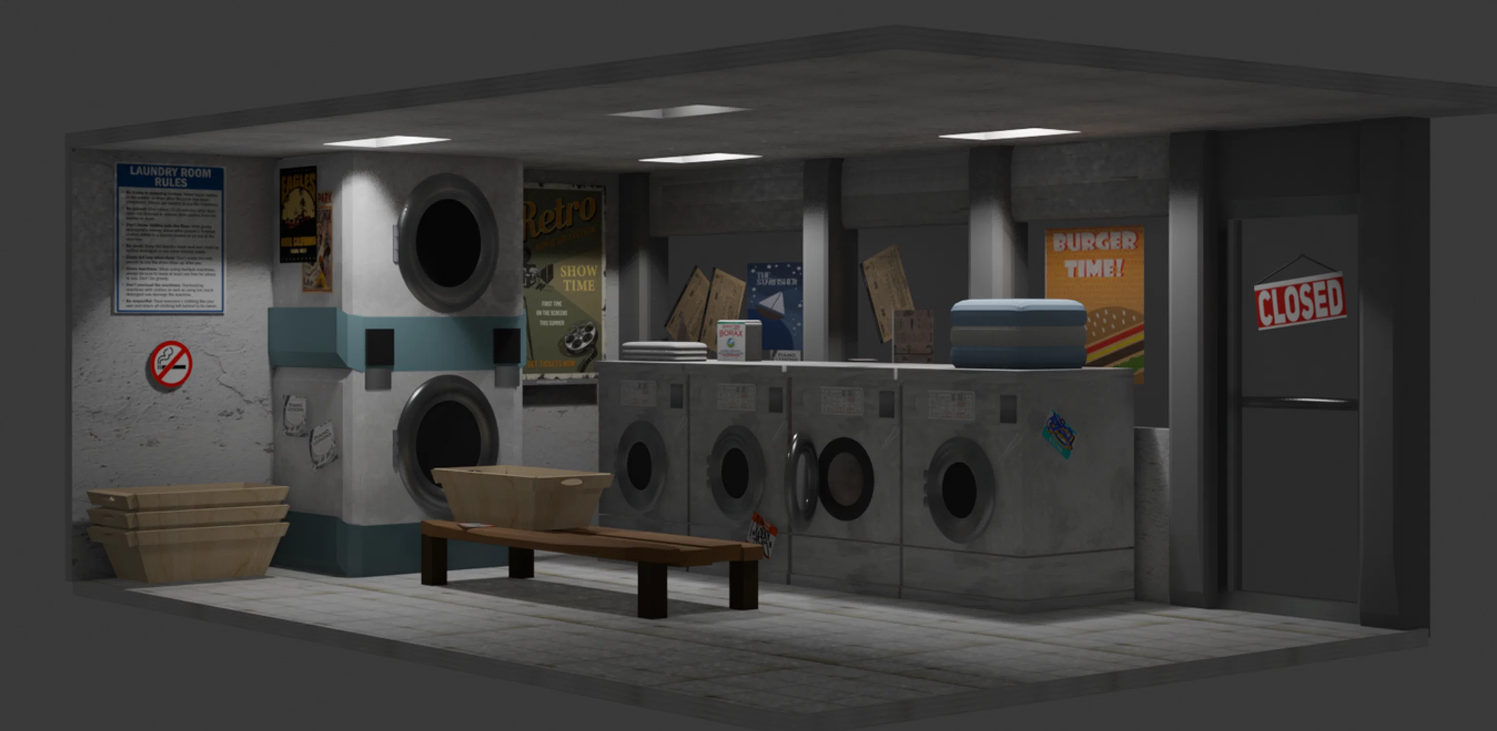 A 3D model of a small and rundown laundromat.