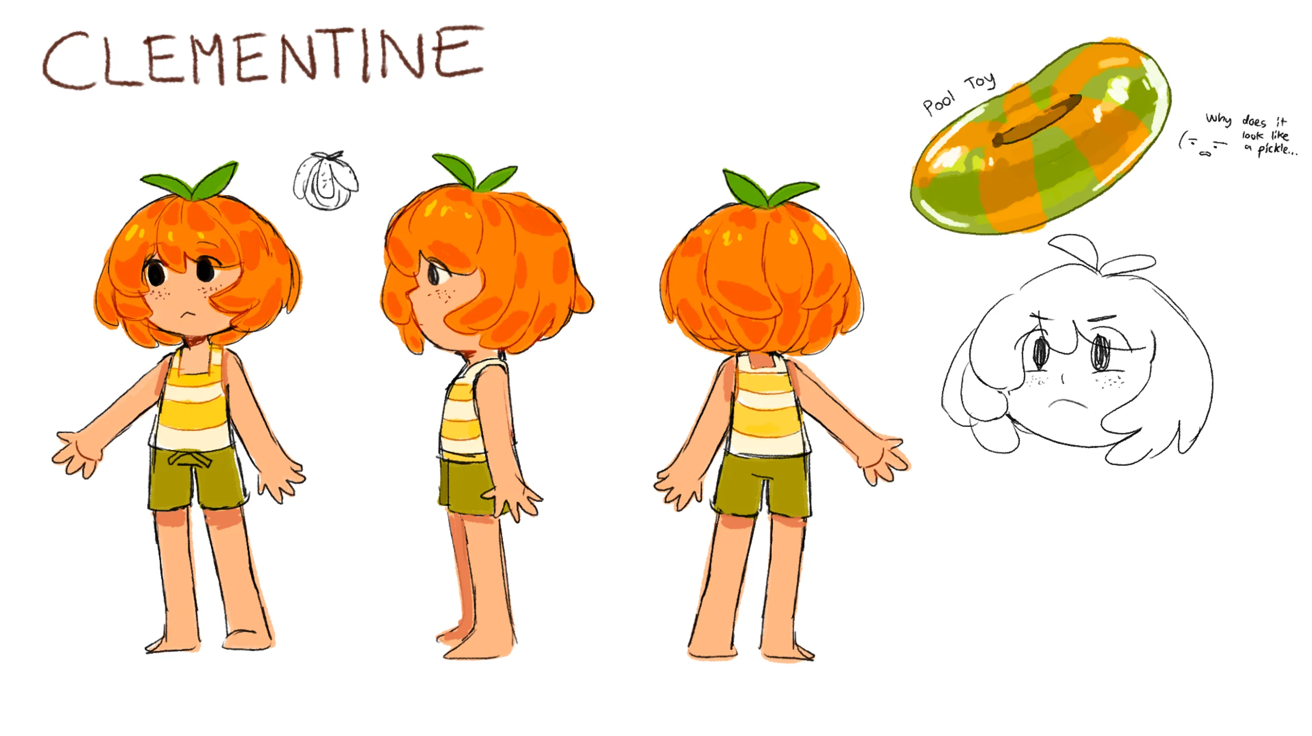 A small child with orange hair, a leaf on their head, and wearing a swimsuit with a green floatie.