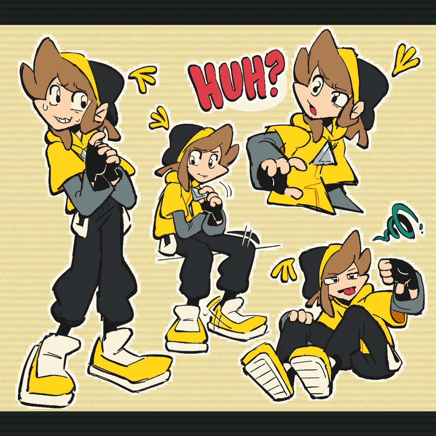 A sheet of Kit's character, Aster! She's a young teen with a retro look about her, dressed in a bright yellow jacket and kicks.  She's drawn in several poses and expressions, in some she looks awkward or antsy as she fidgets with her hands and clothes, in one she's exclaiming "HUH?" with an exasperated look, and in the bottom right she sits disapprovingly with her tongue out and her hand in a thumbs down pose.