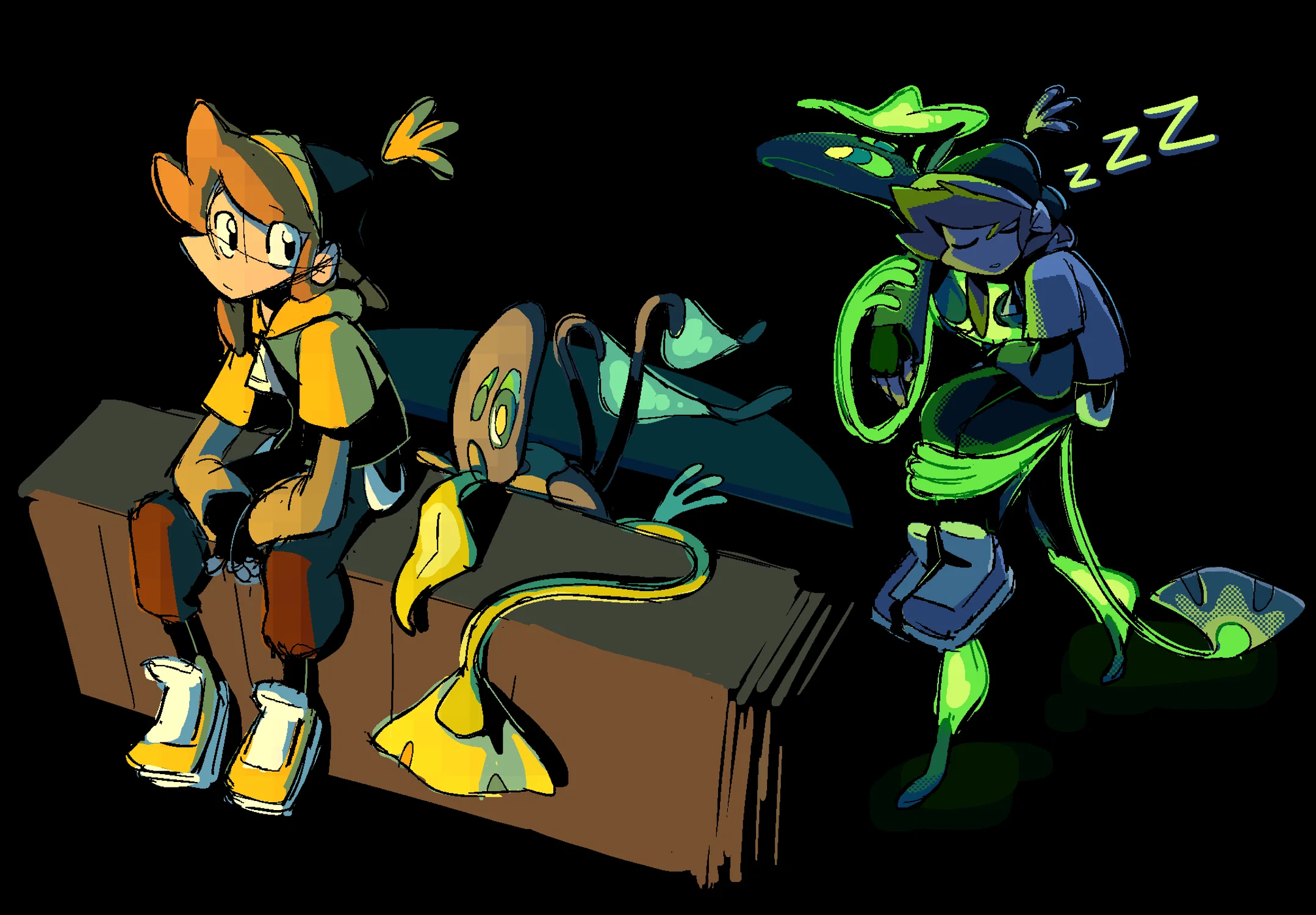 Two sketches of Aster with another character, Bud, in dramatic lighting settings. Bud appears lizard and bug-like, with long hose-like limbs and plant features. In the leftmost sketch, they are sitting on the edge of a structure at sunset, looking up curiously at the viewer. On the right, Bud carries Aster through a dark environment as she snoozes on their back.