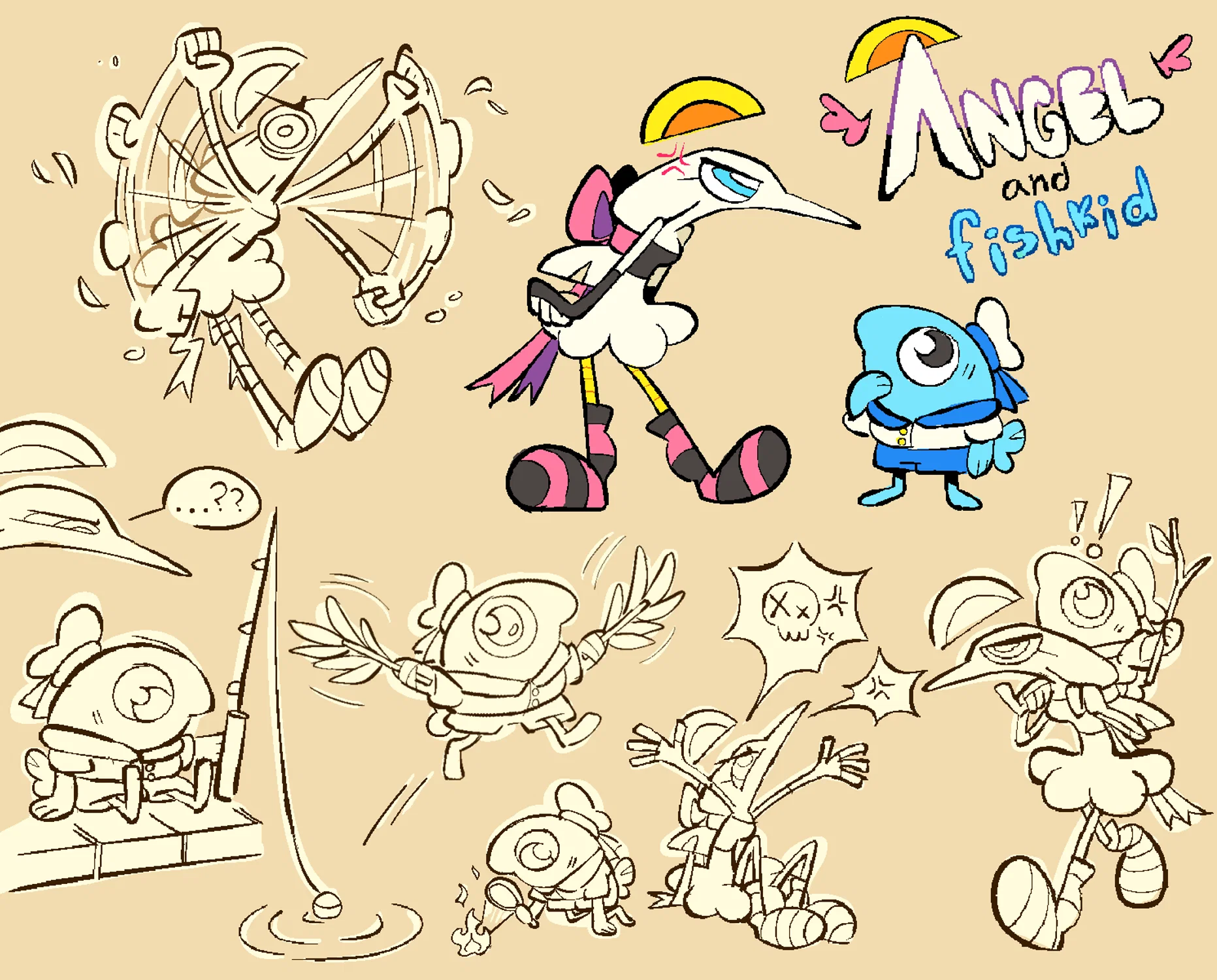 A sheet with sketches of two characters, Angel (a humanoid-adjacent bird girl) and Fishkid (a small fish boy). They're drawn with various poses and expressions to showcase their characters, with Angel waving her arms and shouting, and Fishkid being playful and curious, though also doing acts that are a little strange (like fishing even though he's a fish, or lighting fires with a magnifying glass).