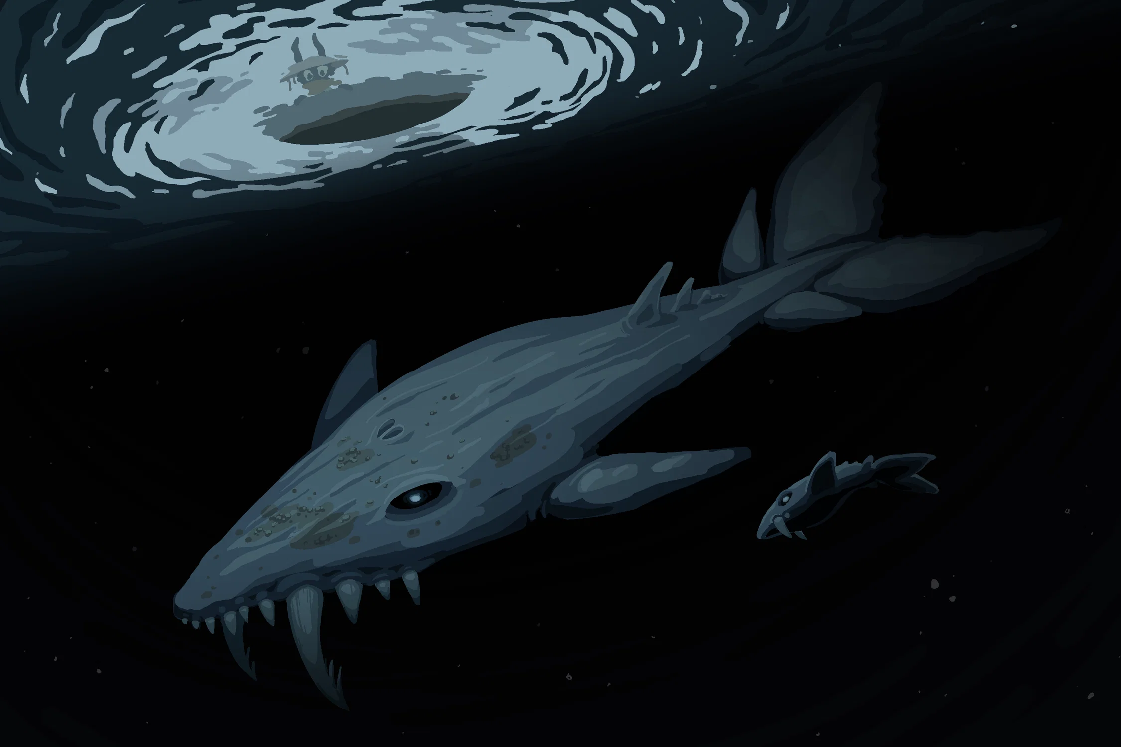 A dark illustration just underneath the surface of the ocean, with two whales (a mother and calf) swimming beneath a bat-like fisherman gazing down from a boat. The whales appear mutated, with a row of unnaturally placed teeth, two large saber-teeth, jutting spines, multiplied fins, and empty eye sockets with a light glowing within.
