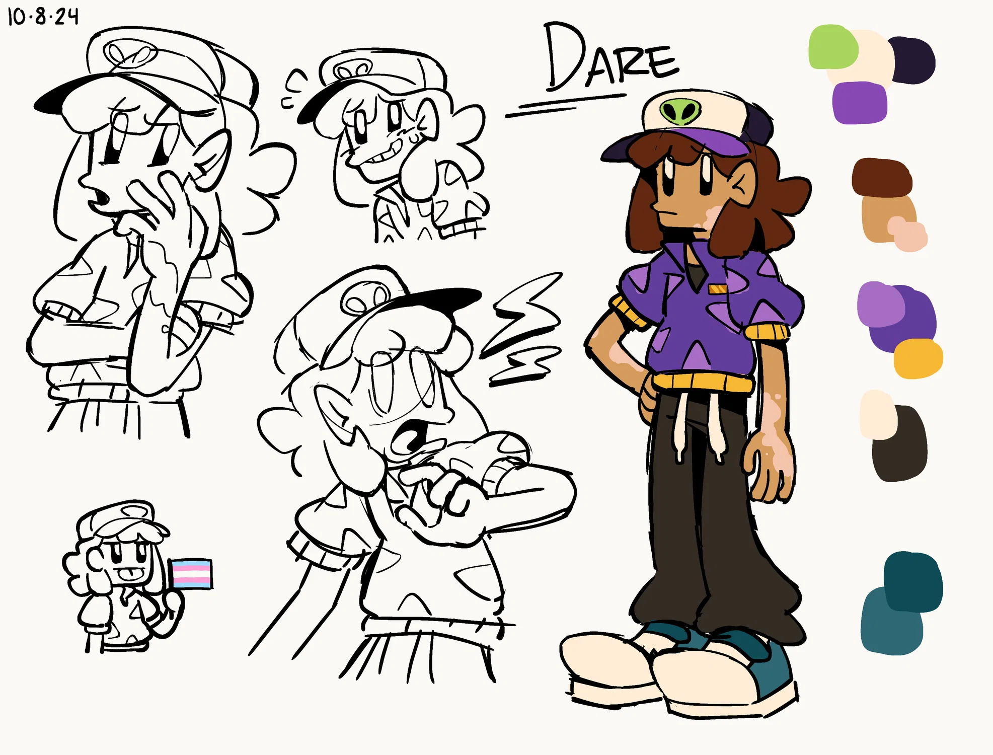 A sheet with a standing pose and some expressions for a character named "Dare" He wears arcade-worker attire with a purple shirt patterned with triangles, and a hat with an alien patch above the brim.  The expressions show him blushing, confused, and yelping in shock. In the bottom left there's a small doodle of him holding a transgender flag!