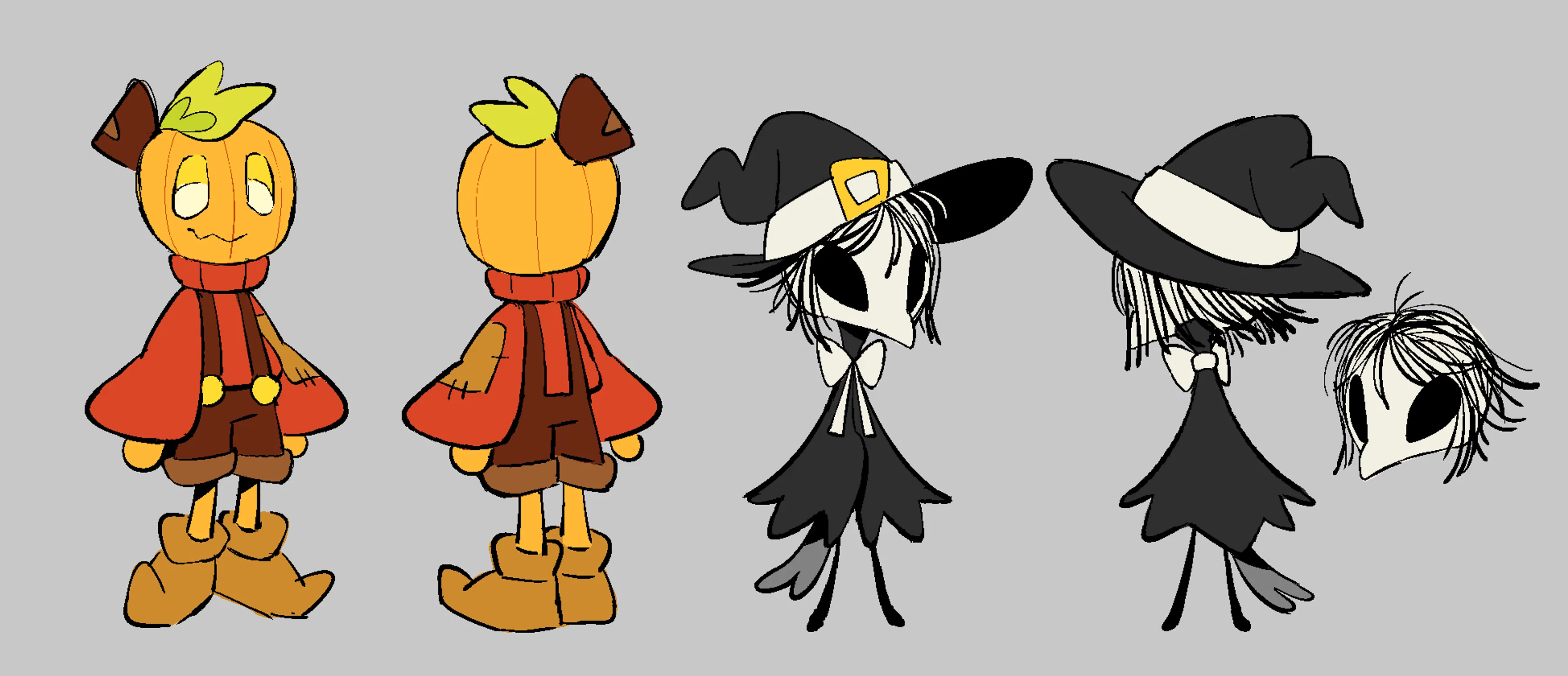A model sheet of two characters, "JJ" who is a young pumpkin boy, and "Percy" a little monster from the woods. JJ is dressed in a patched autumn-red sweater and overalls, with glowing eyes and a soft crooked smile- like a jack 'o lantern's! Percy is birdlike, wrapped in his wings which appear as a sort of cape. His hair is thin and he wears what appears to be a witch hat, which has a white band to match the ribbon tie on his neck.
