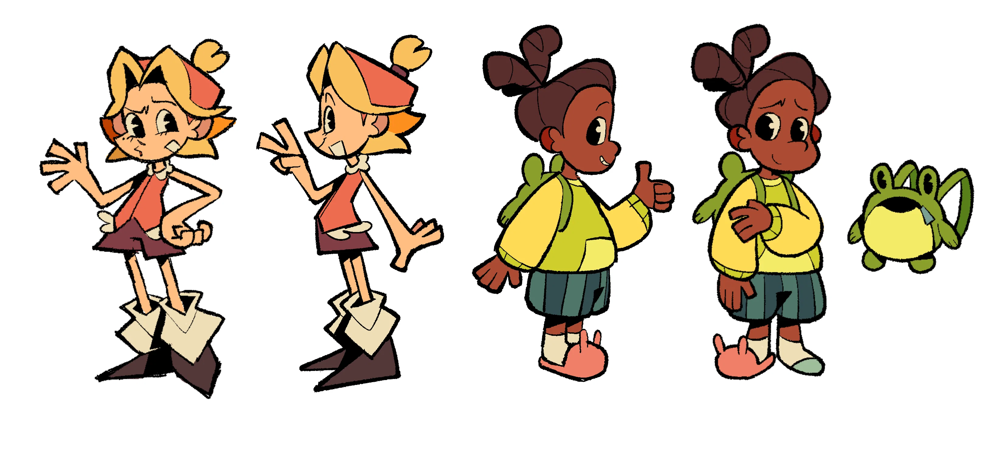 A model sheet of two young characters, Aria (right) and Jake (left). Both are dressed in pajamas, with Aria in a pink frilly shirt and Jake in a green sweater. Jake also has one pink bunny slipper and a backpack shaped like a frog.