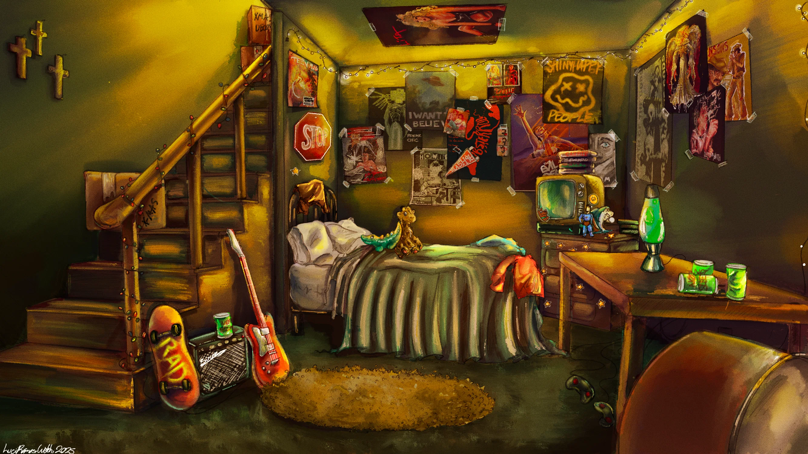 A teenager's messy disorganized bedroom sits at the foot of basement stairs, the walls covered in dim yellow light and more move and band posters than anyone should ever own. Shaggy yellow carpet creeps beneath the un made bed, on top of which clothes and stuffed animals are strewn. A desk in the corner grows stick from discarded soda cans, a drum kit lingers in the corner, and a television set sits besides the bed covered in stickers.