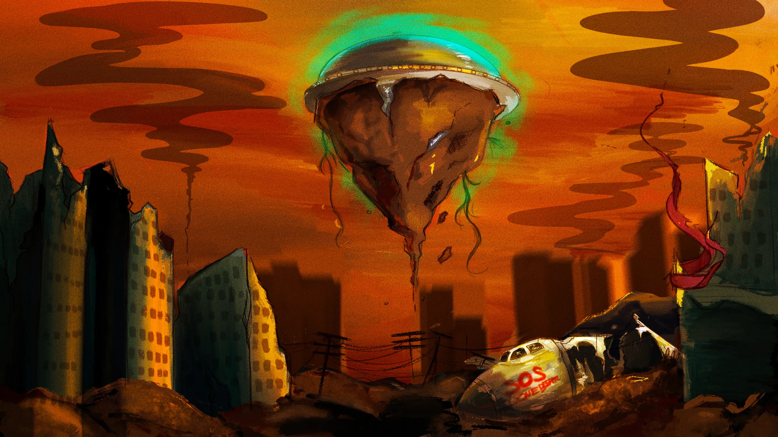 A cone-shaped spacecraft, covered in rock and glowing material hovers about a destroyed cityscape