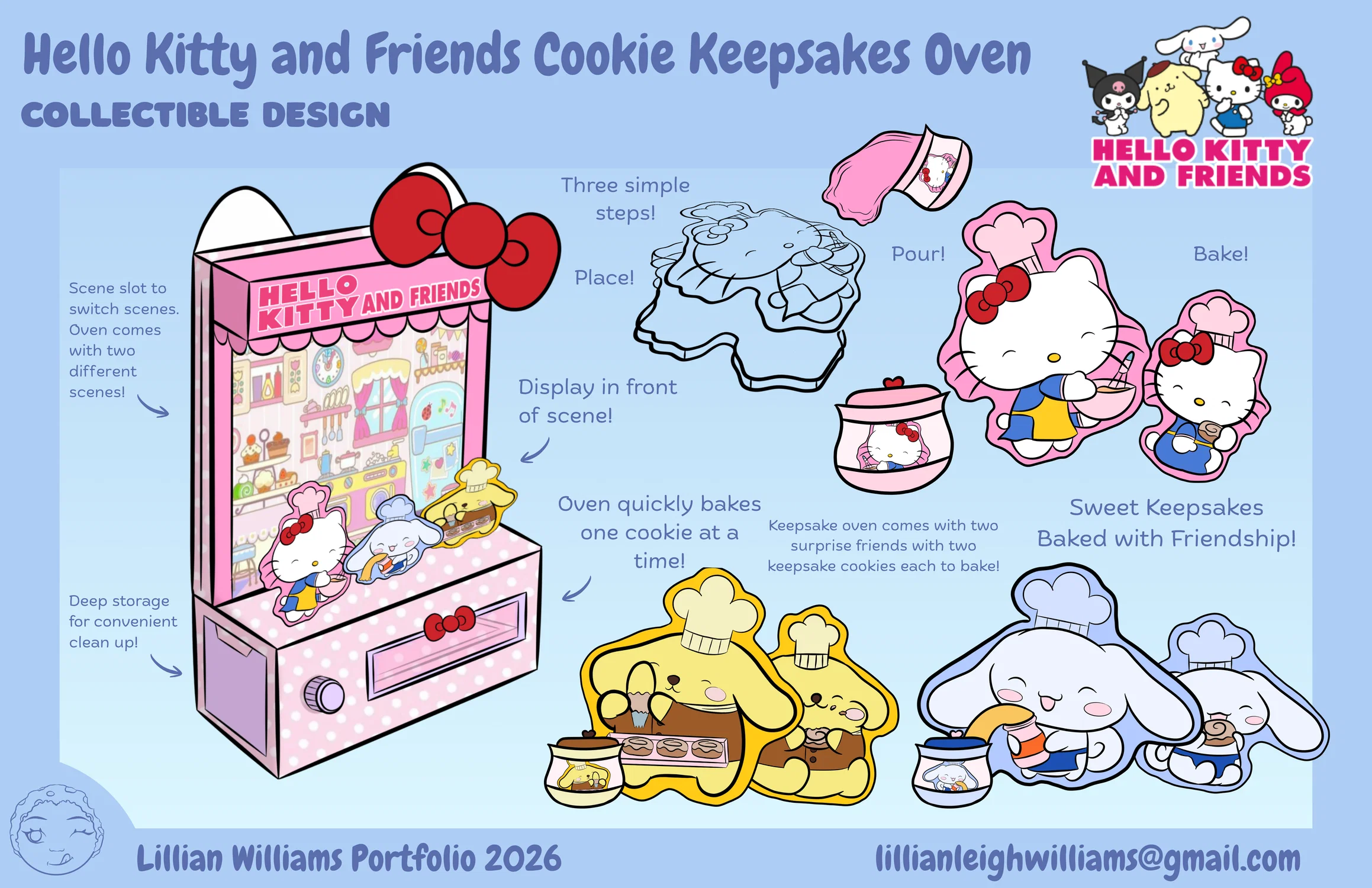A portfolio page by Lillian Williams of her toy named Hello Kitty and Friends Cookie Keepsakes Oven Collectible Display Design. A Sanrio based display that is meant to hold your figures after making them in a fun scene. This version features characters Hello Kitty, Pompompurin, and Cinnamoroll baking sweet treats together.