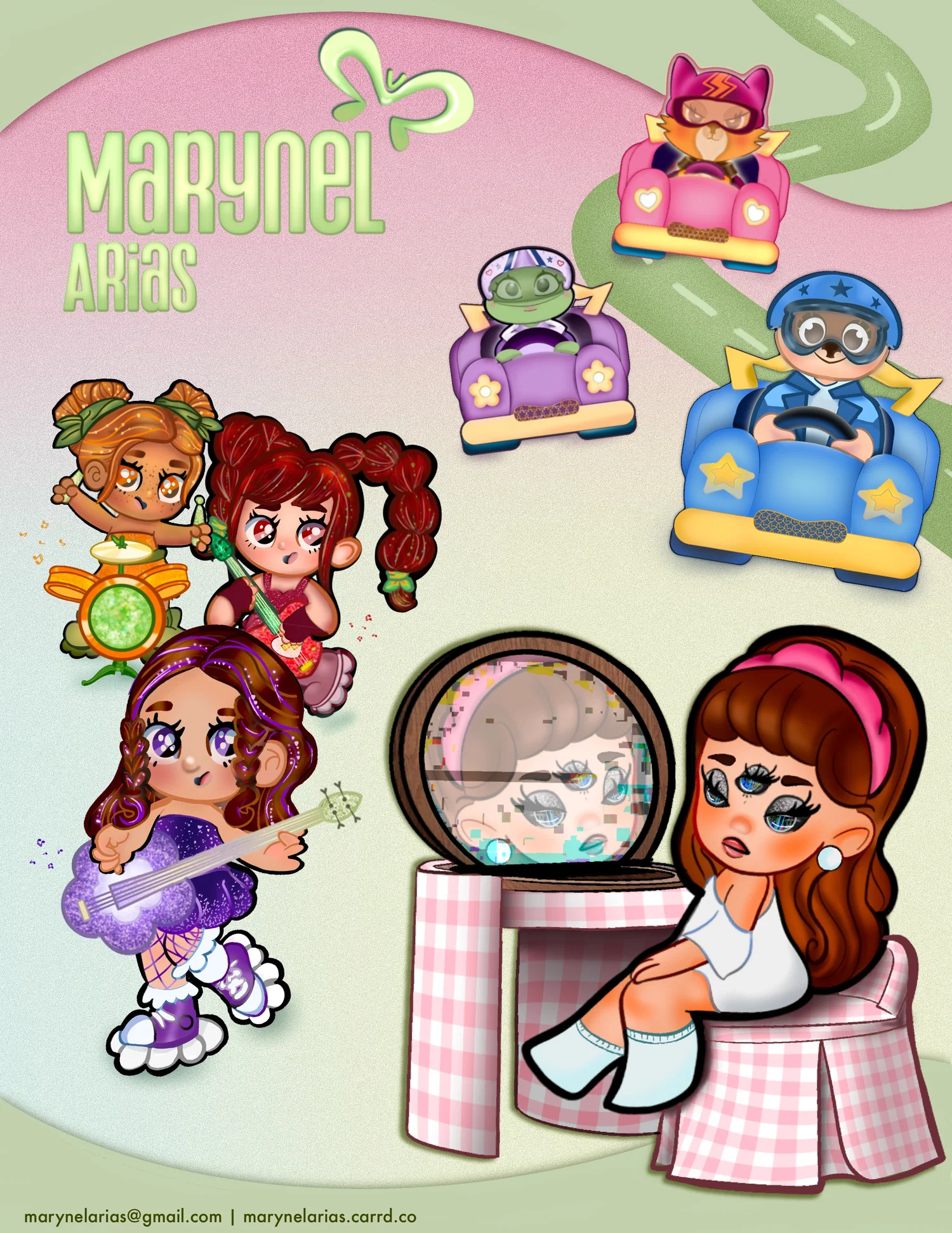 Illustrated portfolio page featuring the name “Marynel Arias” in green text on a soft pink and green background. The layout showcases multiple stylized, doll-like characters: three small figures driving colorful cars along a winding road at the top right; a band of three girls playing instruments on the left; a purple-outfitted character playing a guitar at the bottom left; and a girl sitting at a vanity on the right, looking into a mirror with a glitch-like reflection. The overall style is playful, vibrant, and toy-inspired, with rounded shapes, expressive faces, and pastel tones. Contact information appears at the bottom.