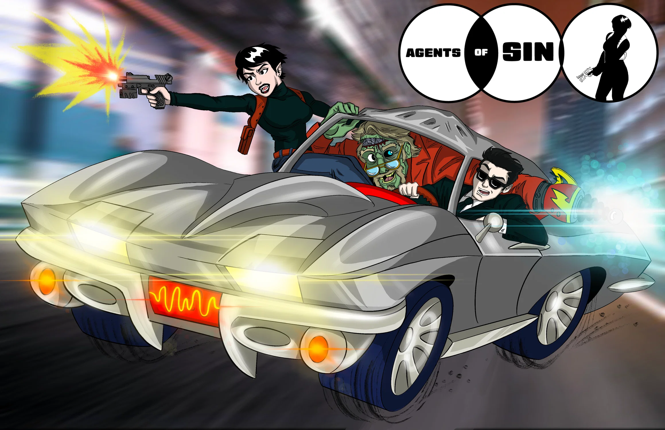 A sports car driving with three people inside.