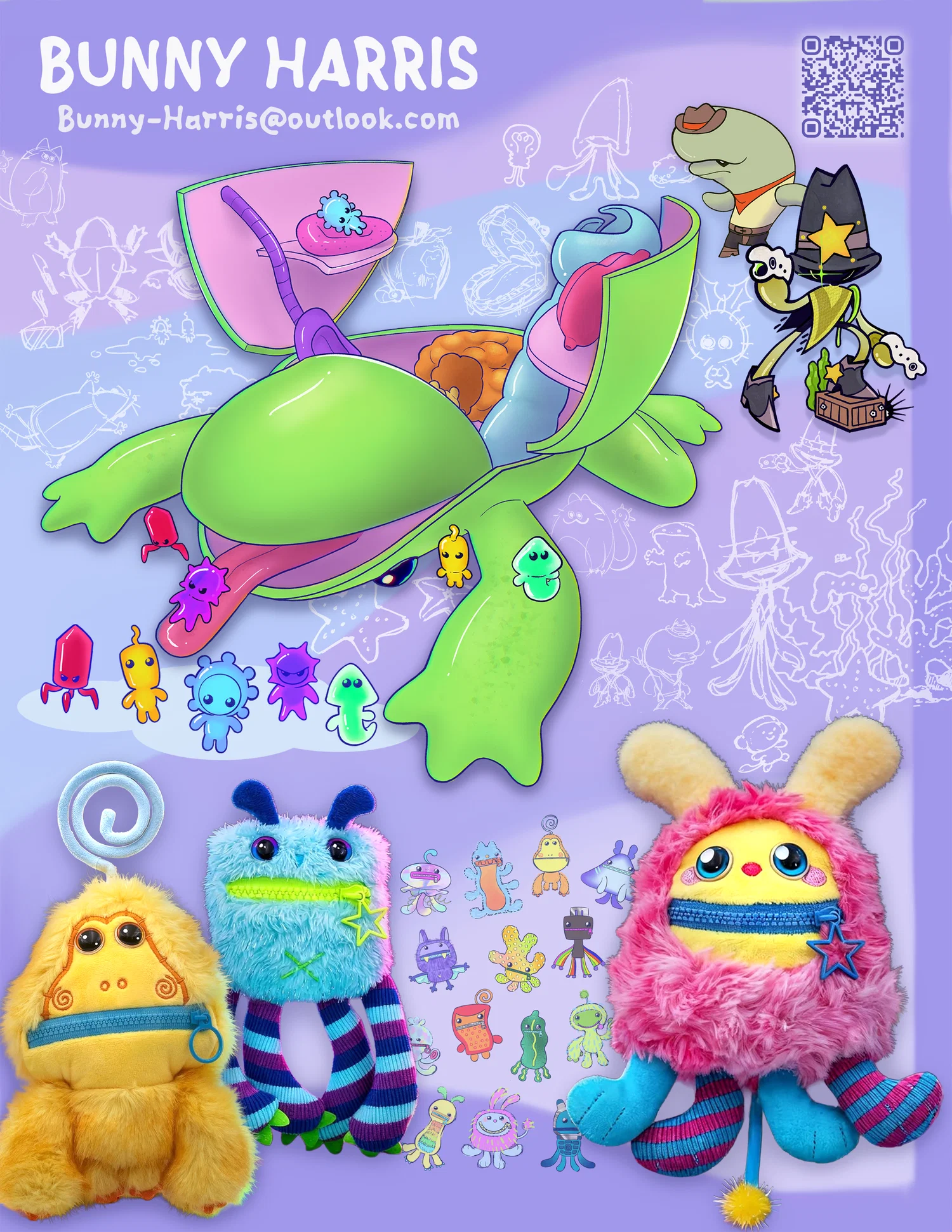 Collection of toys, Plush with zipper mouths, a frog playset and a squid dressed like a sheriff.