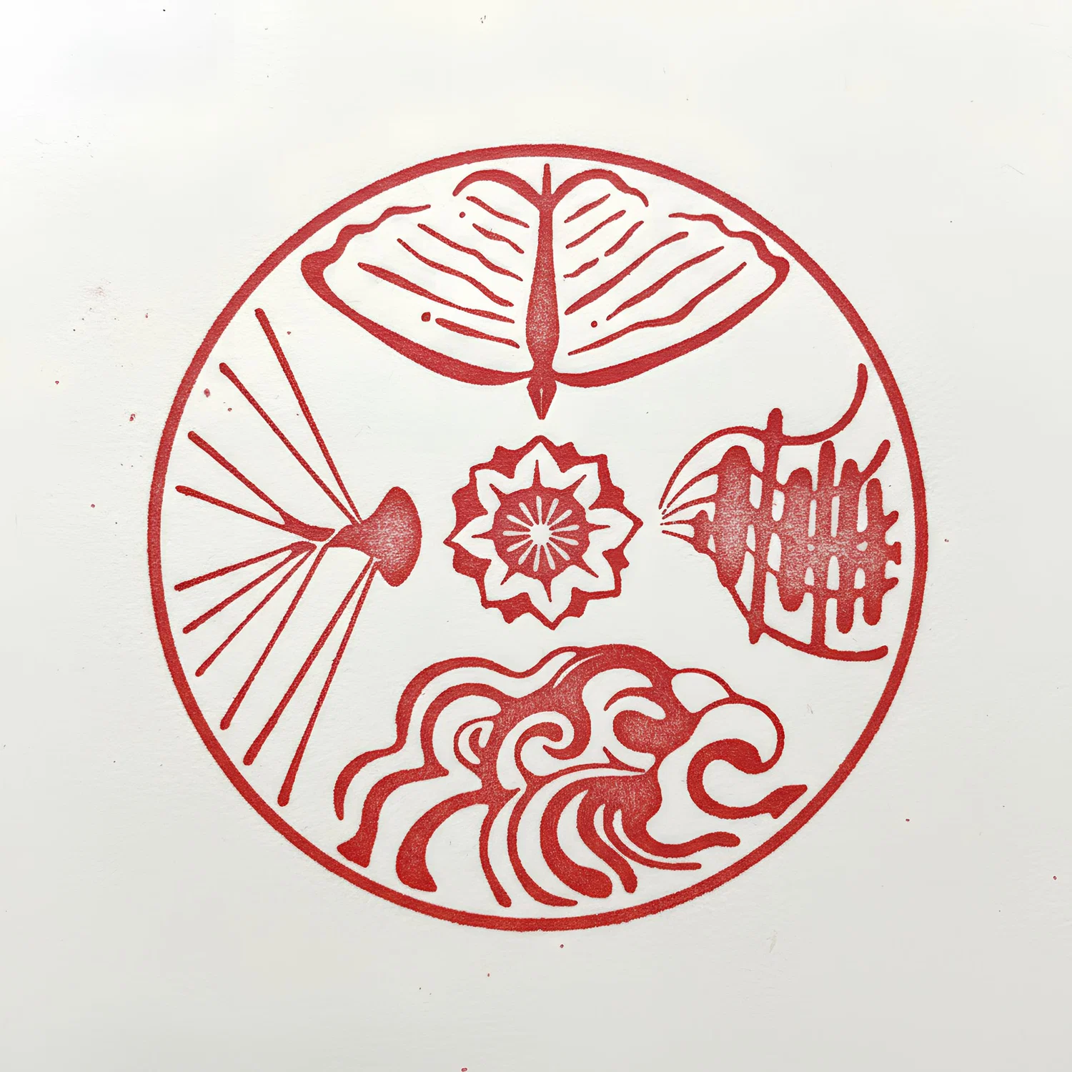 A system of stamped logo marks designed for each room in The House with Five Rooms, used as a consistent visual identifier across spatial elements and printed book materials.
