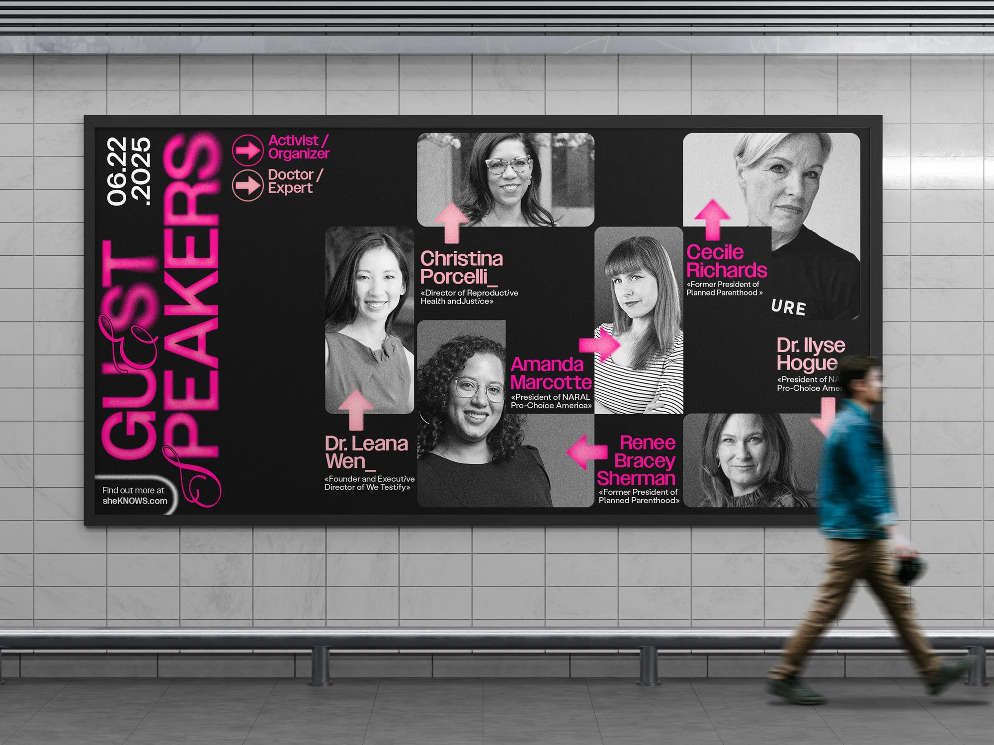 A promotional banner design for sheKNOWS featuring guest speakers, created as part of the conference visual identity system to communicate expert participation and highlight credible voices in reproductive rights education.