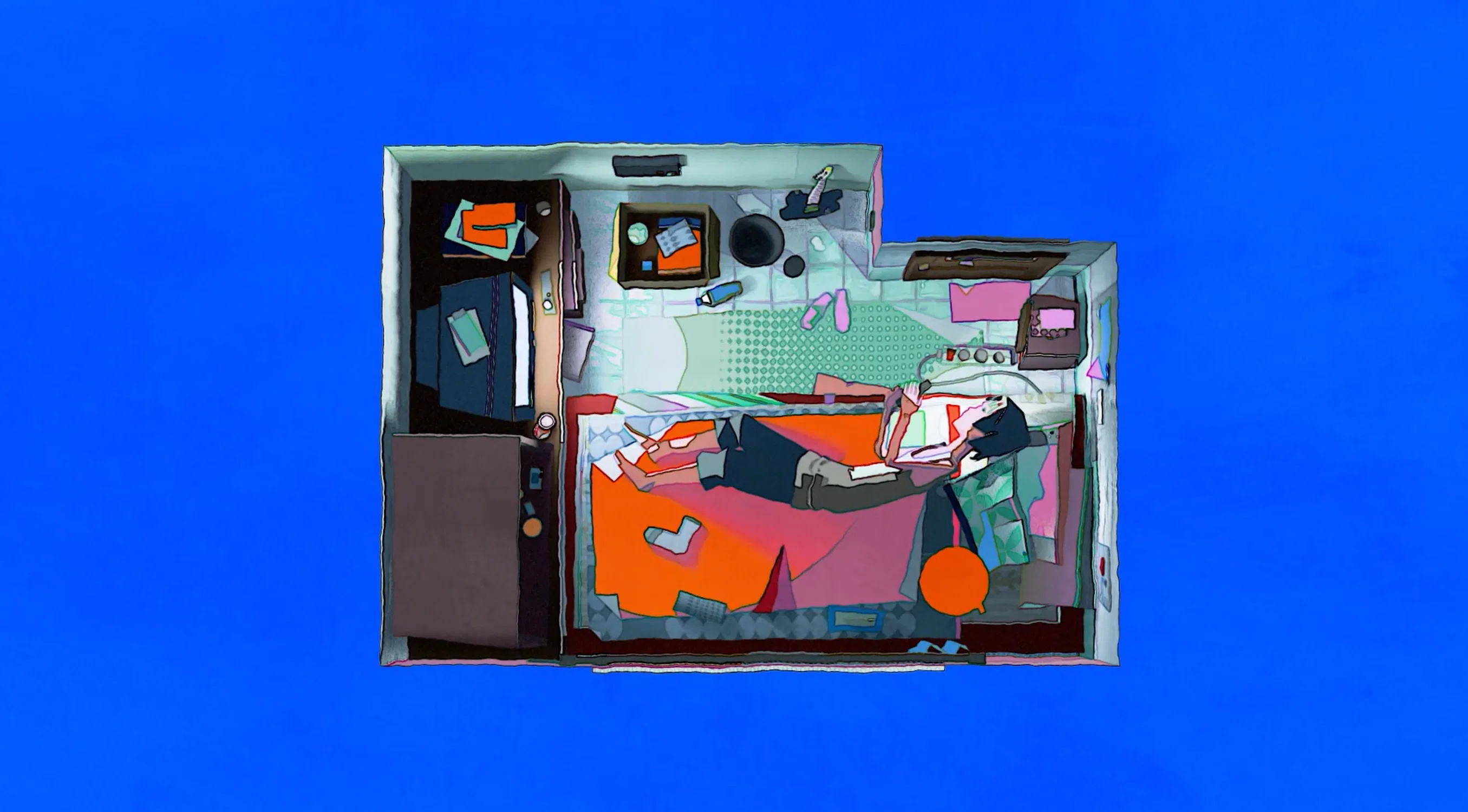 A character lying down in a room.